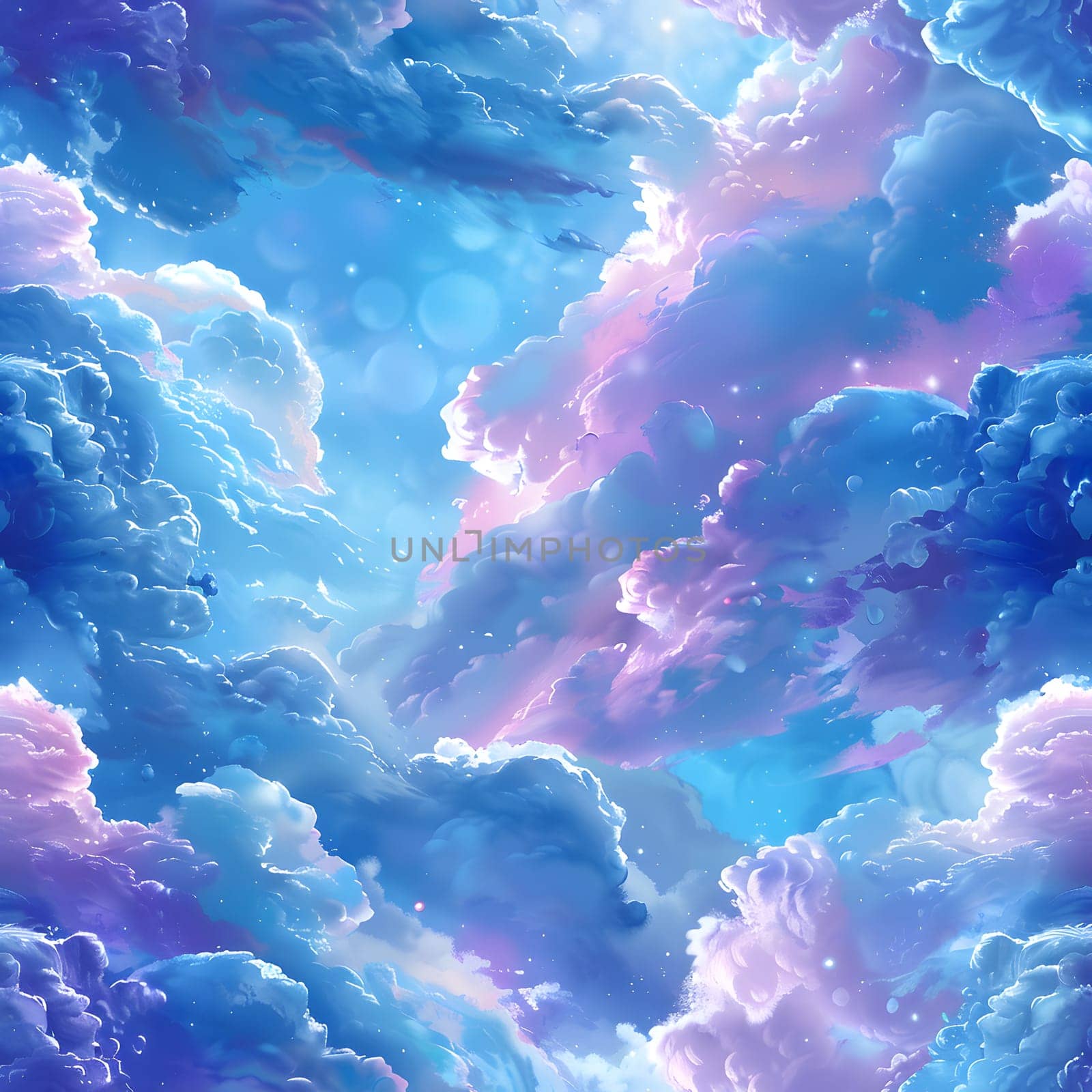 A mesmerizing art piece capturing the beauty of a blue and purple cloudy sky with swirling cumulus clouds, creating a stunning natural landscape