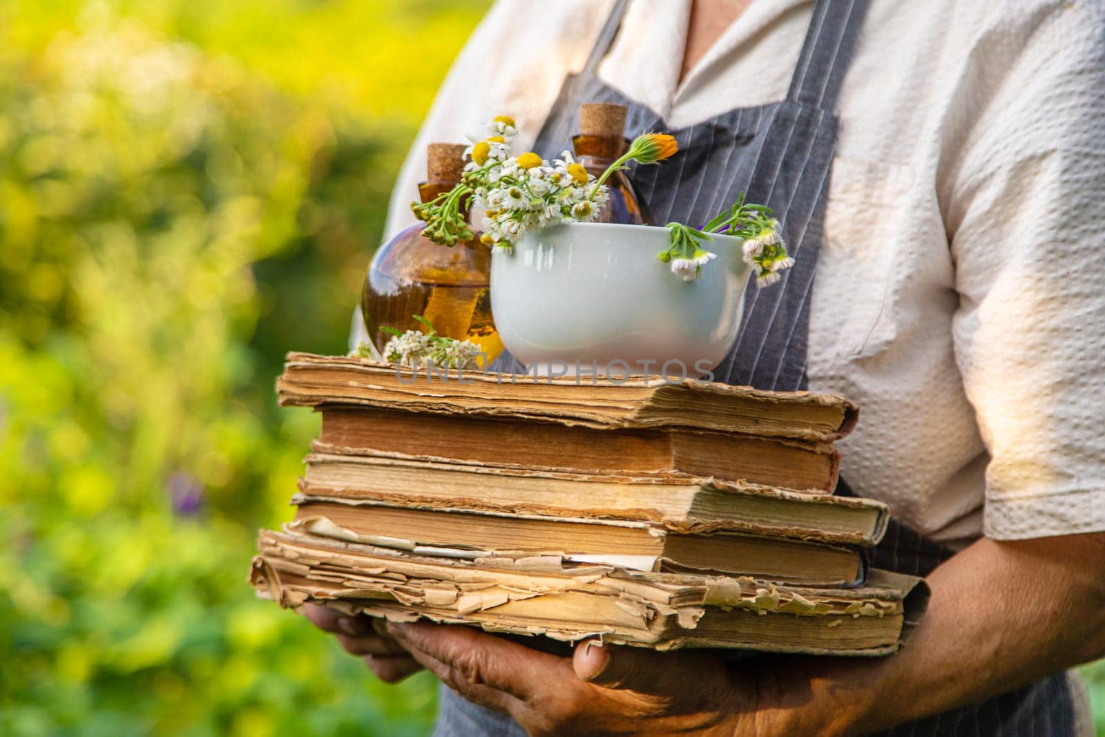 Woman with medicinal herbs in a meadow. Selective focus. nature.