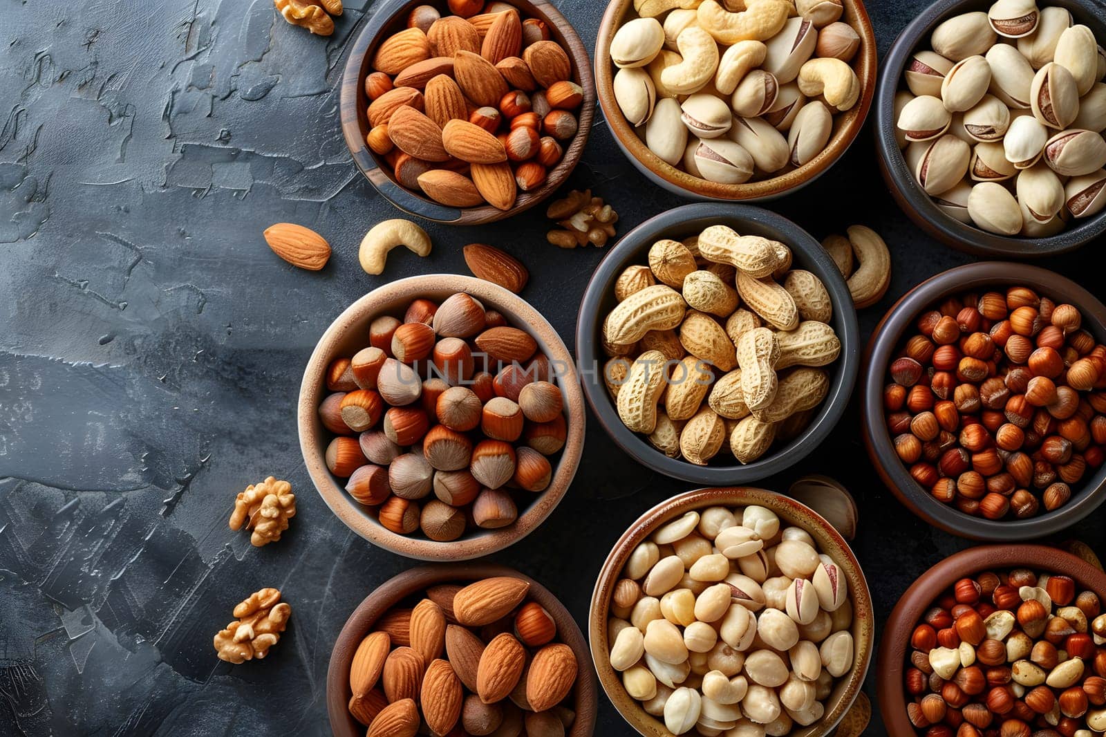 A selection of nuts from the Legume family displayed in bowls on a table, perfect for snacking or as an ingredient in various recipes