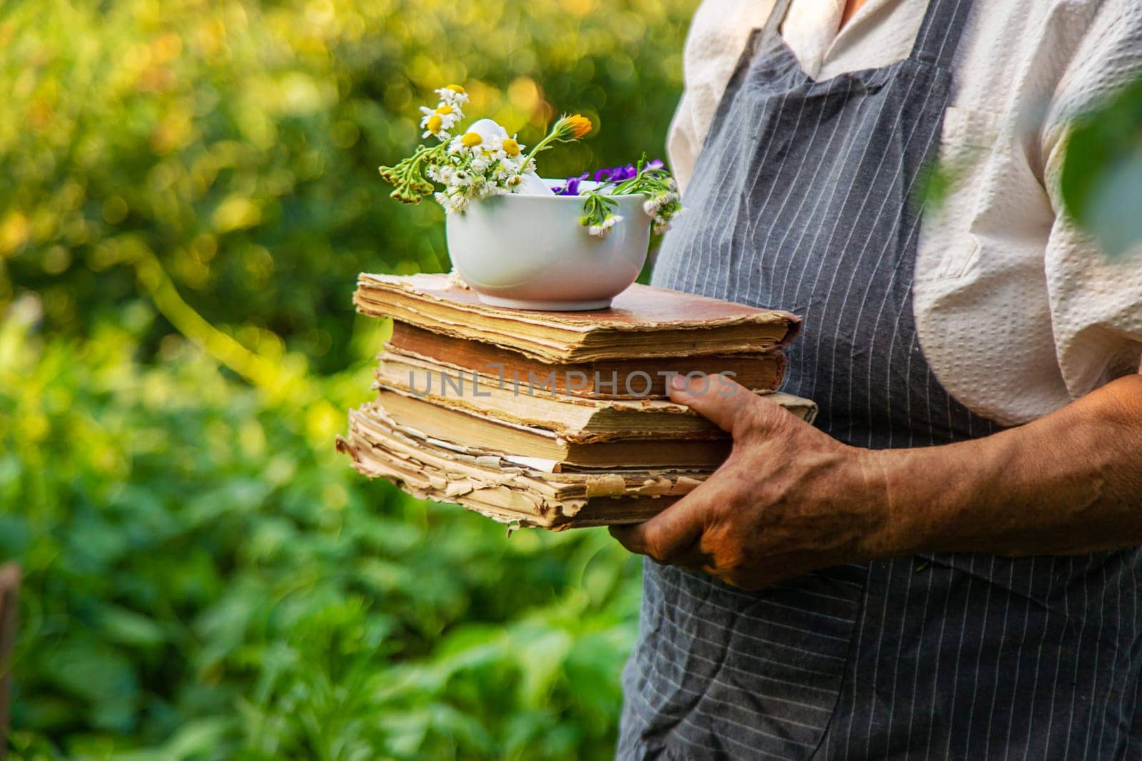 Woman with medicinal herbs in a meadow. Selective focus. nature.