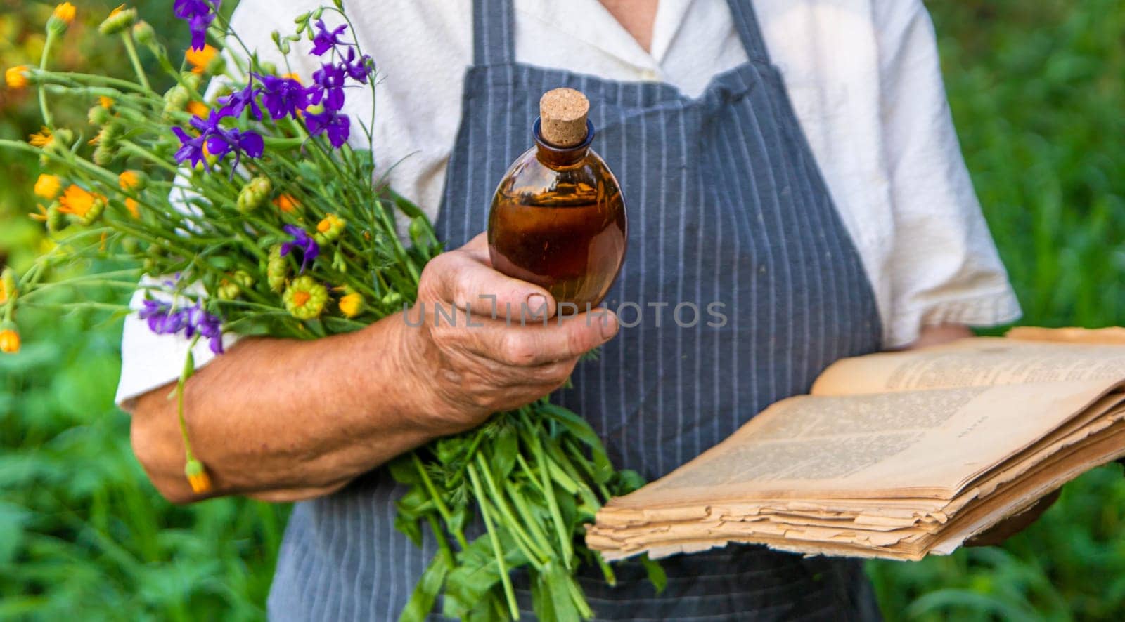 Woman with medicinal herbs in a meadow. Selective focus. nature.