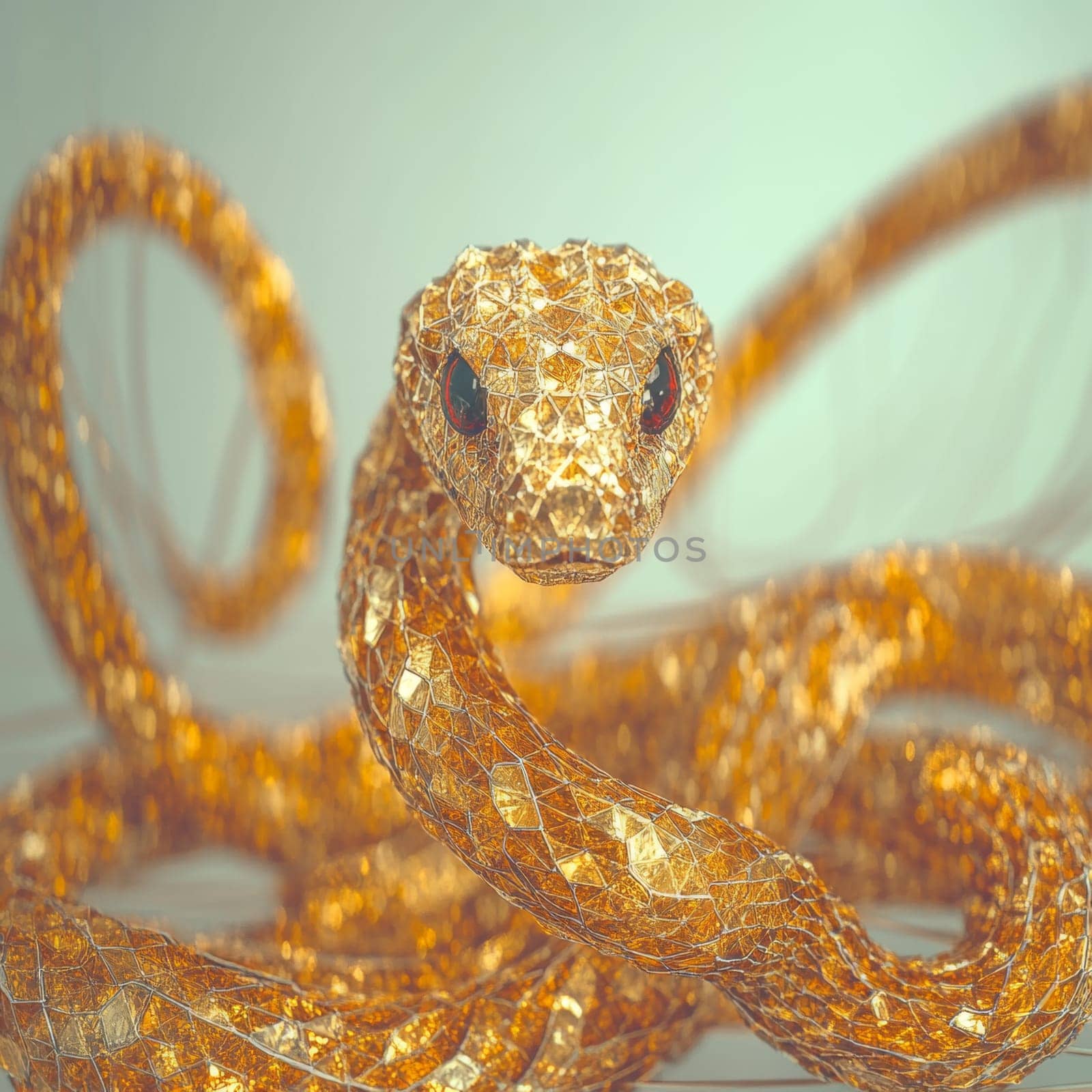 Close-up of a snake. The skin of the snake is covered with golden sequins, iridescent yellow and red. High quality photo