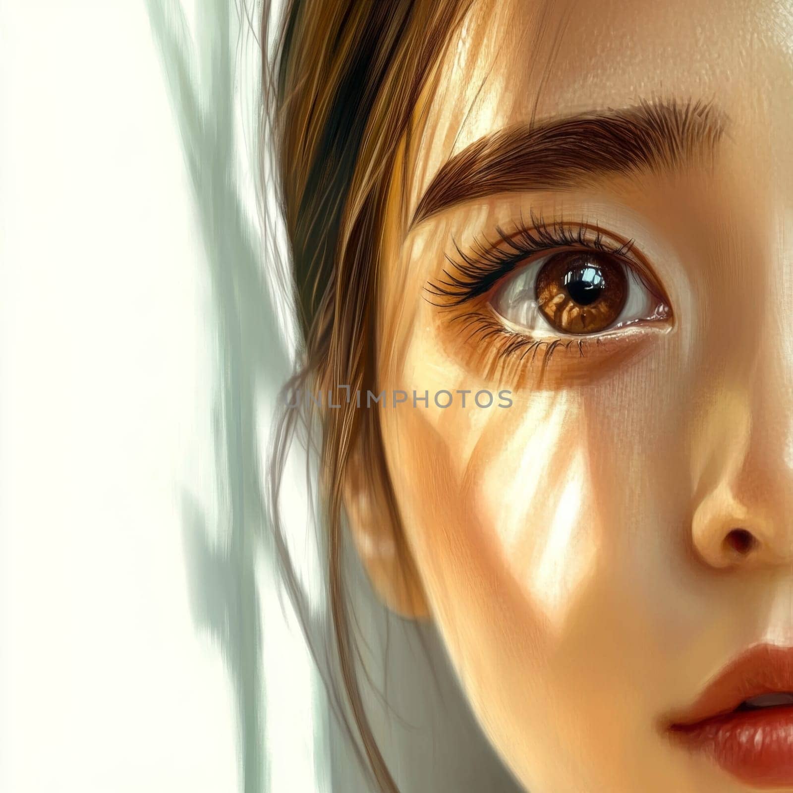 Close-up of half of the face of a young Korean girl. The rays of the morning sun fall on the face of a young girl. High quality photo