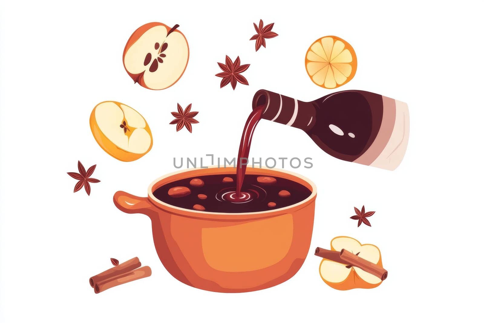 A saucepan, wine and all the ingredients for making hot spicy mulled wine. High quality photo