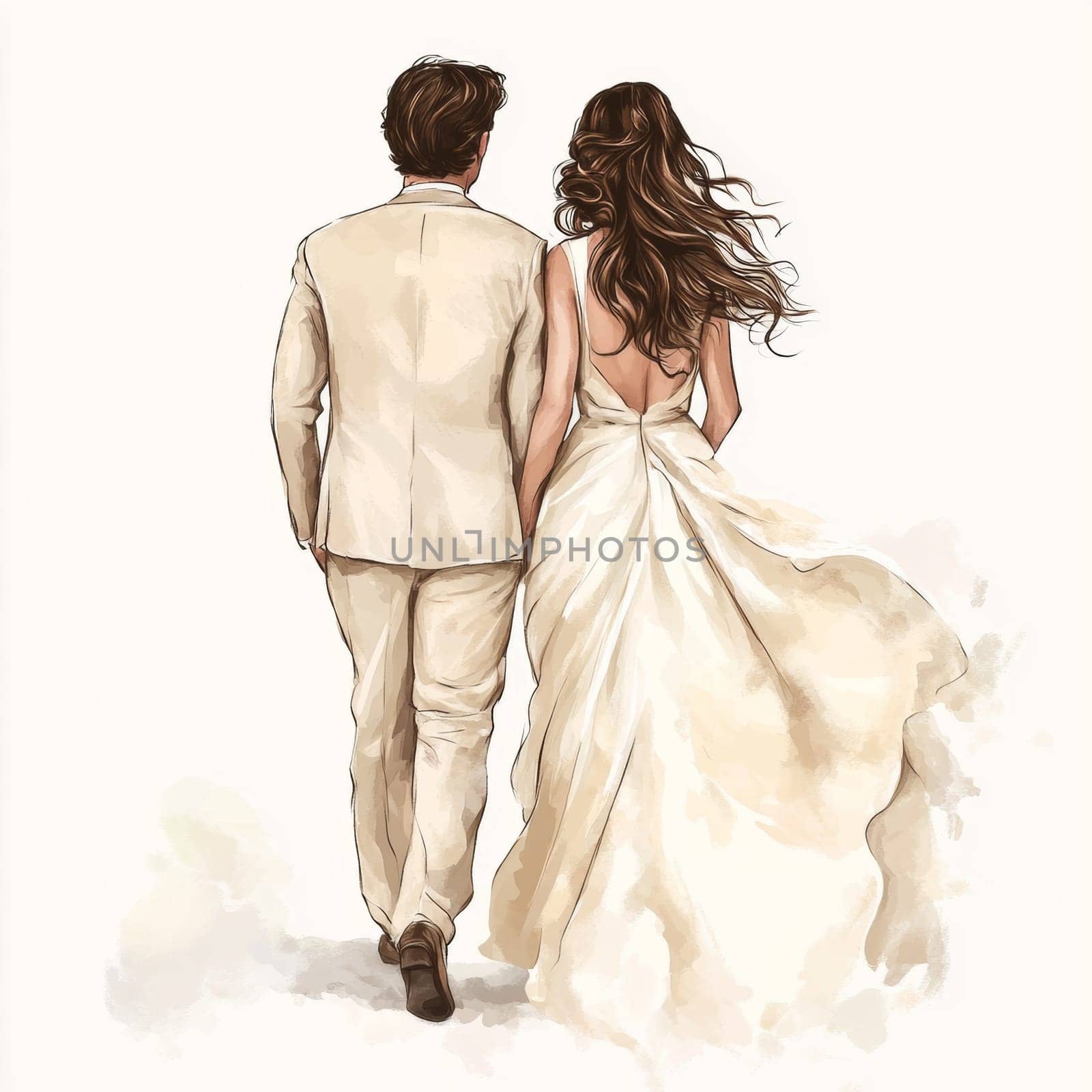 Image of the bride and groom in wedding dresses. Rear view. High quality photo