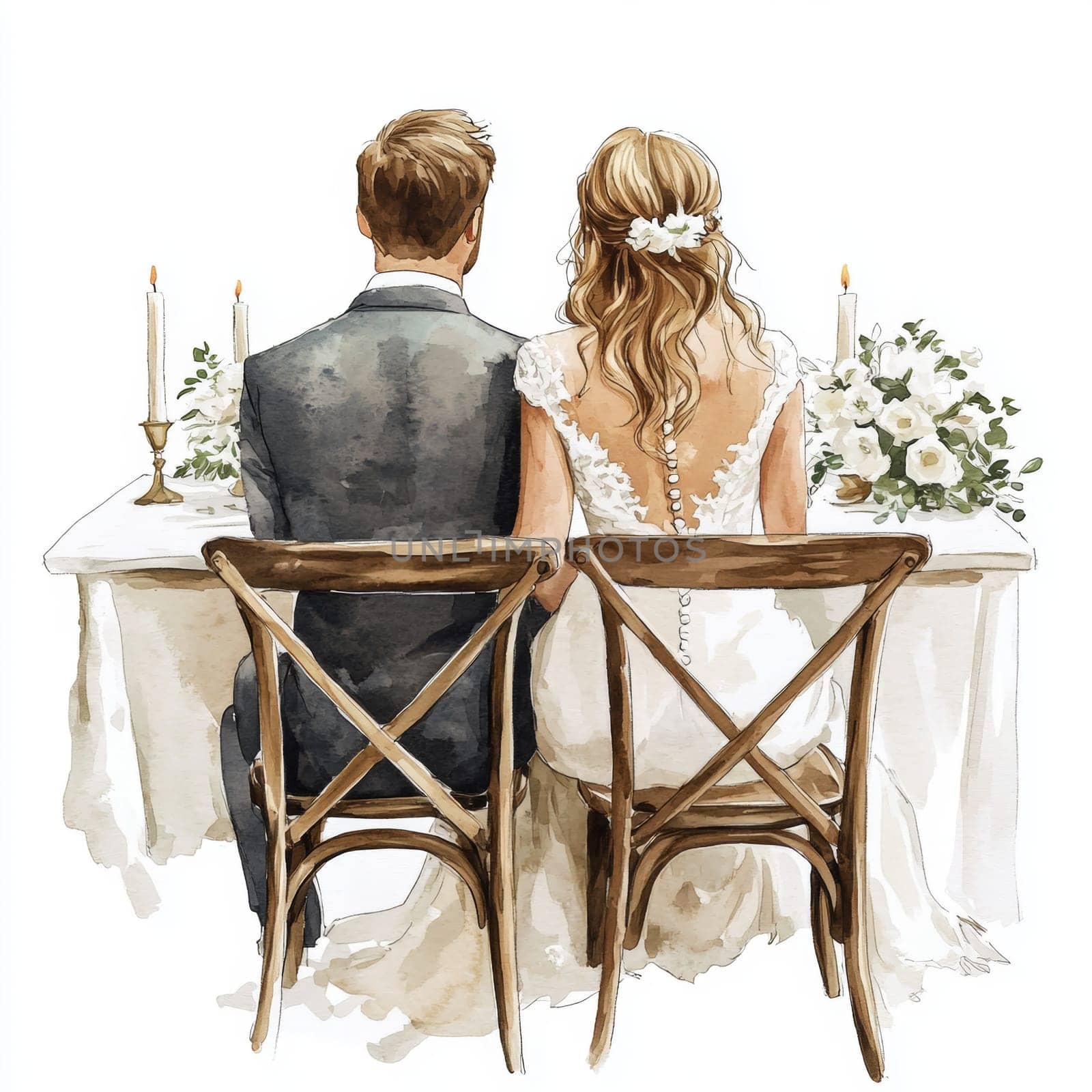 Image of the bride and groom in wedding dresses. They are sitting on chairs at the wedding table. Rear view. High quality photo