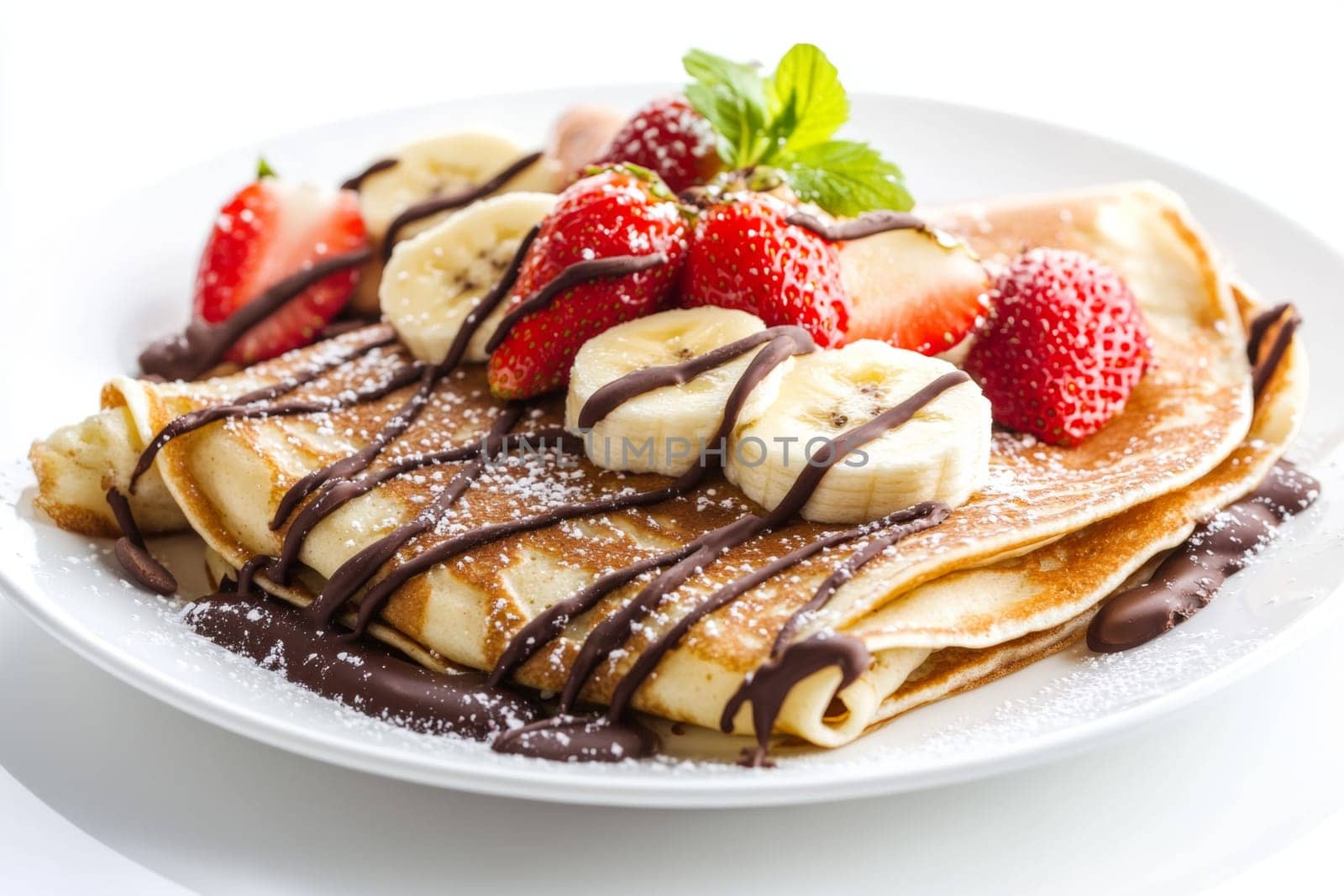 Hot appetizing pancakes on a plate, decorated with chocolate and slices of strawberry and banana. High quality photo