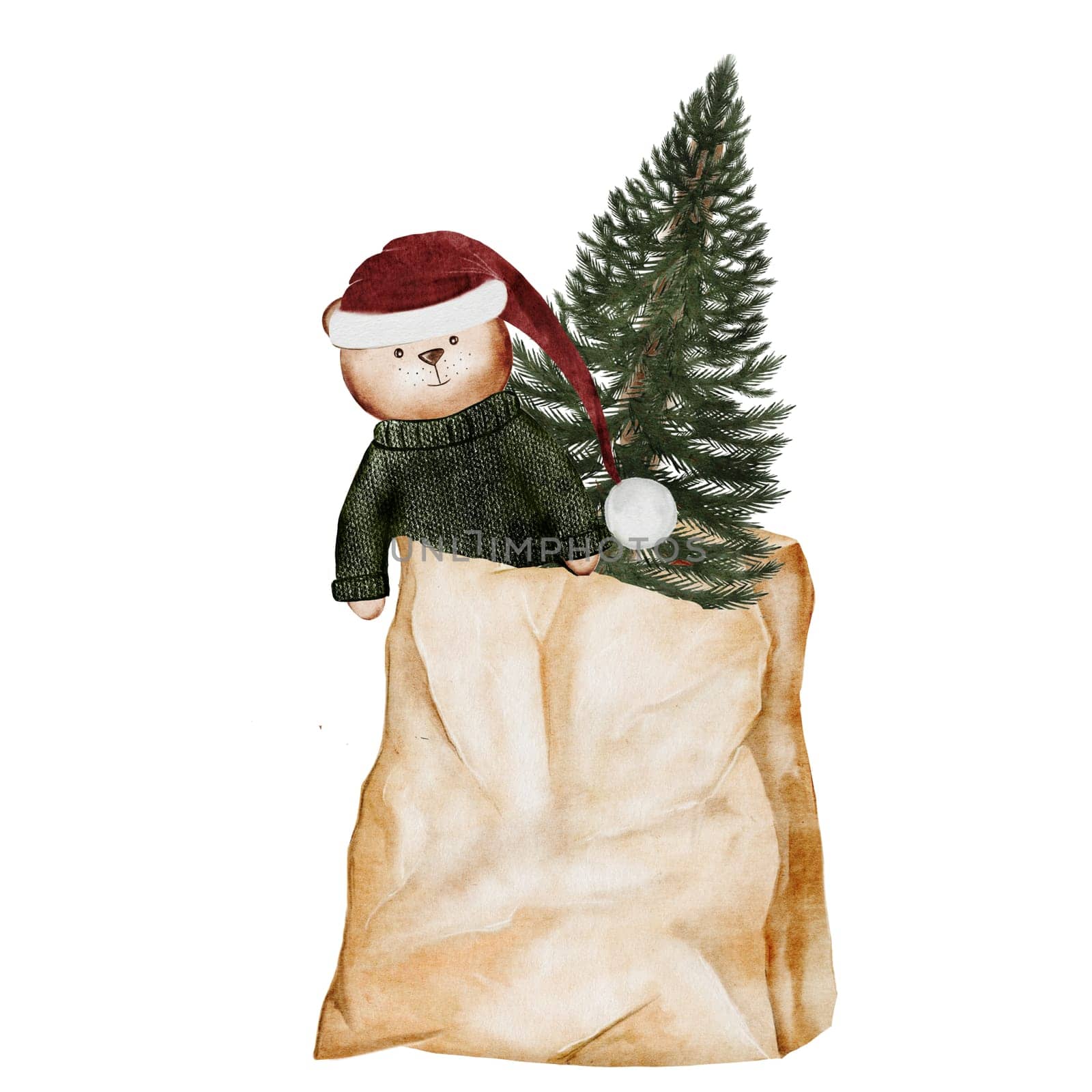 Christmas card watercolor. Christmas tree in a bag. Evergreen plant with a teddy bear in paper packaging on a white background. Ideal for New Year and Christmas cards and posters. High quality photo