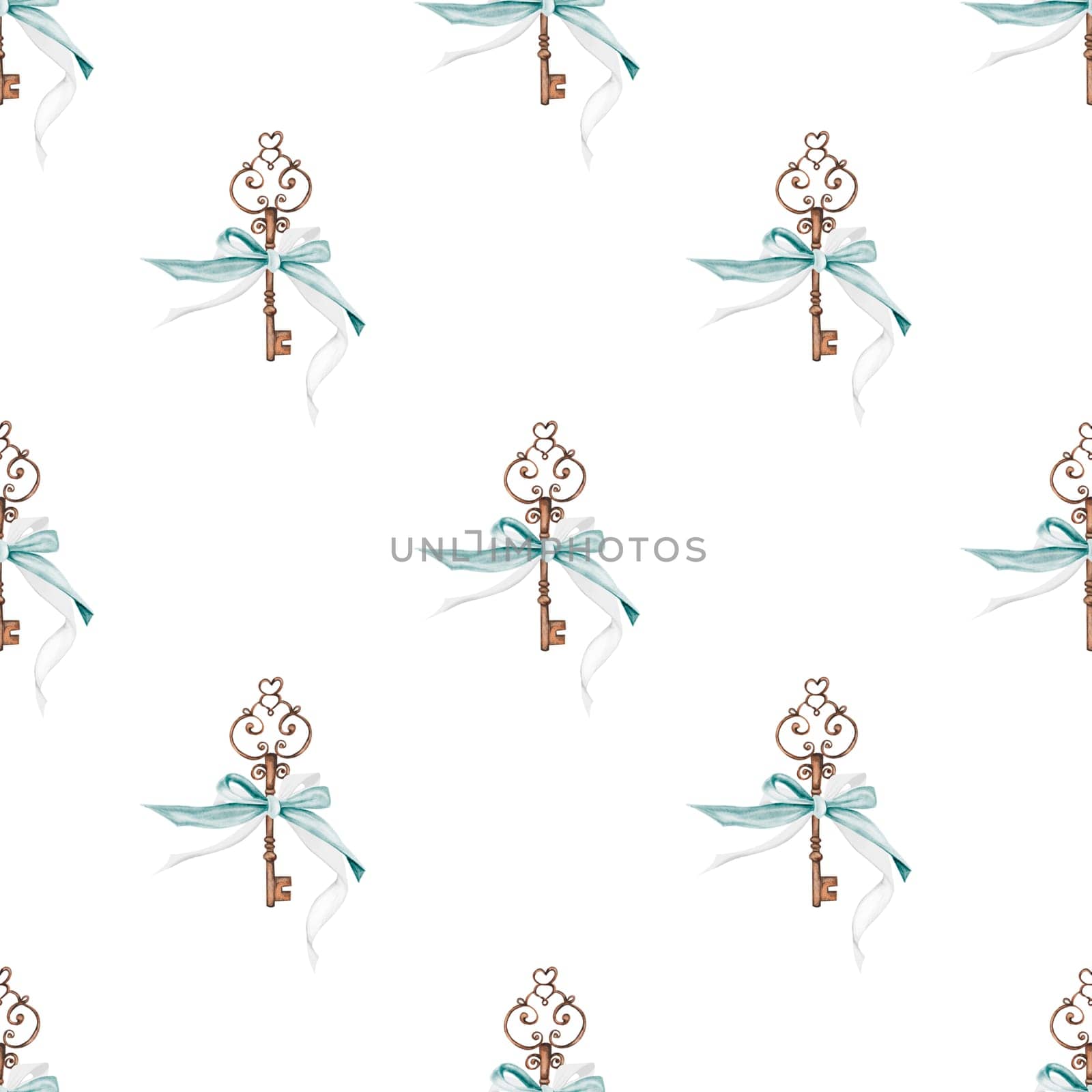 Pattern keys with ribbons. Hand drawing vintage things on isolated white background. Elegant ornament for printing on textiles or wallpaper. Baby design. For princesses. High quality illustration