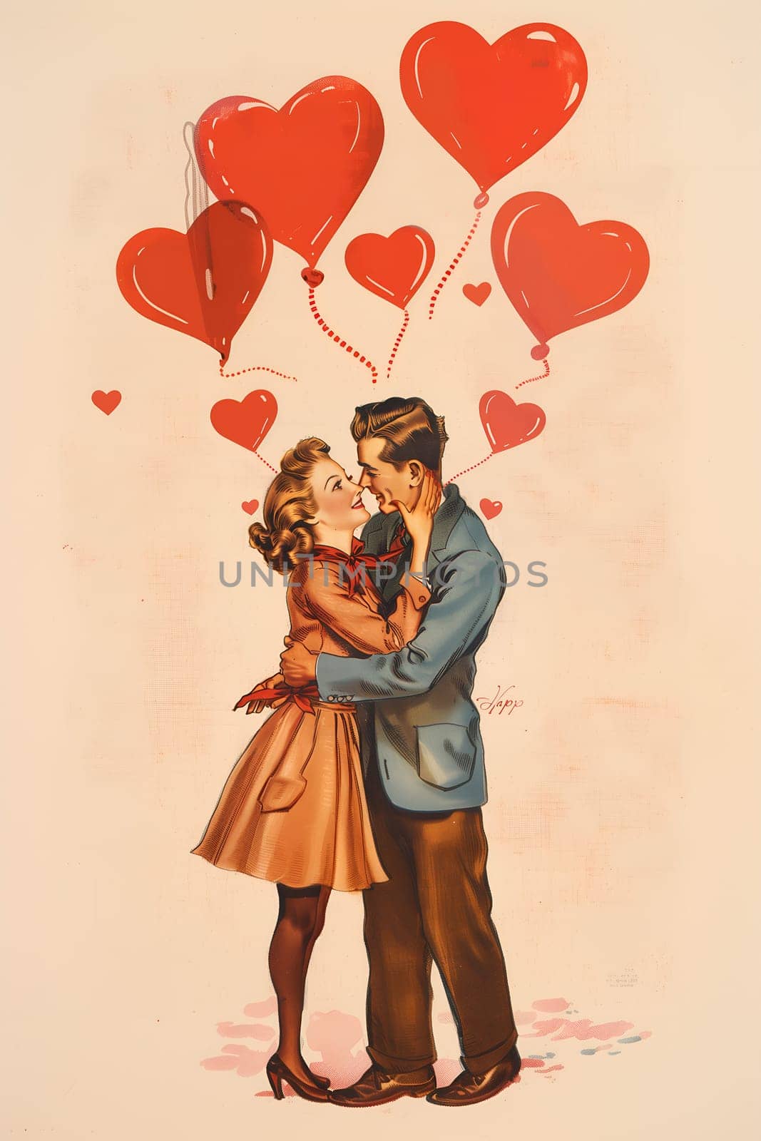 Retro vintage Valentine's Day illustration of a man and a woman kissing