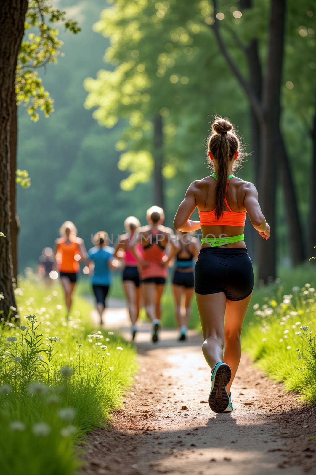 A group of women jog together along a scenic forest path, illuminated by warm sunlight filtering through the trees, creating an energizing atmosphere for their morning workout - Generative AI