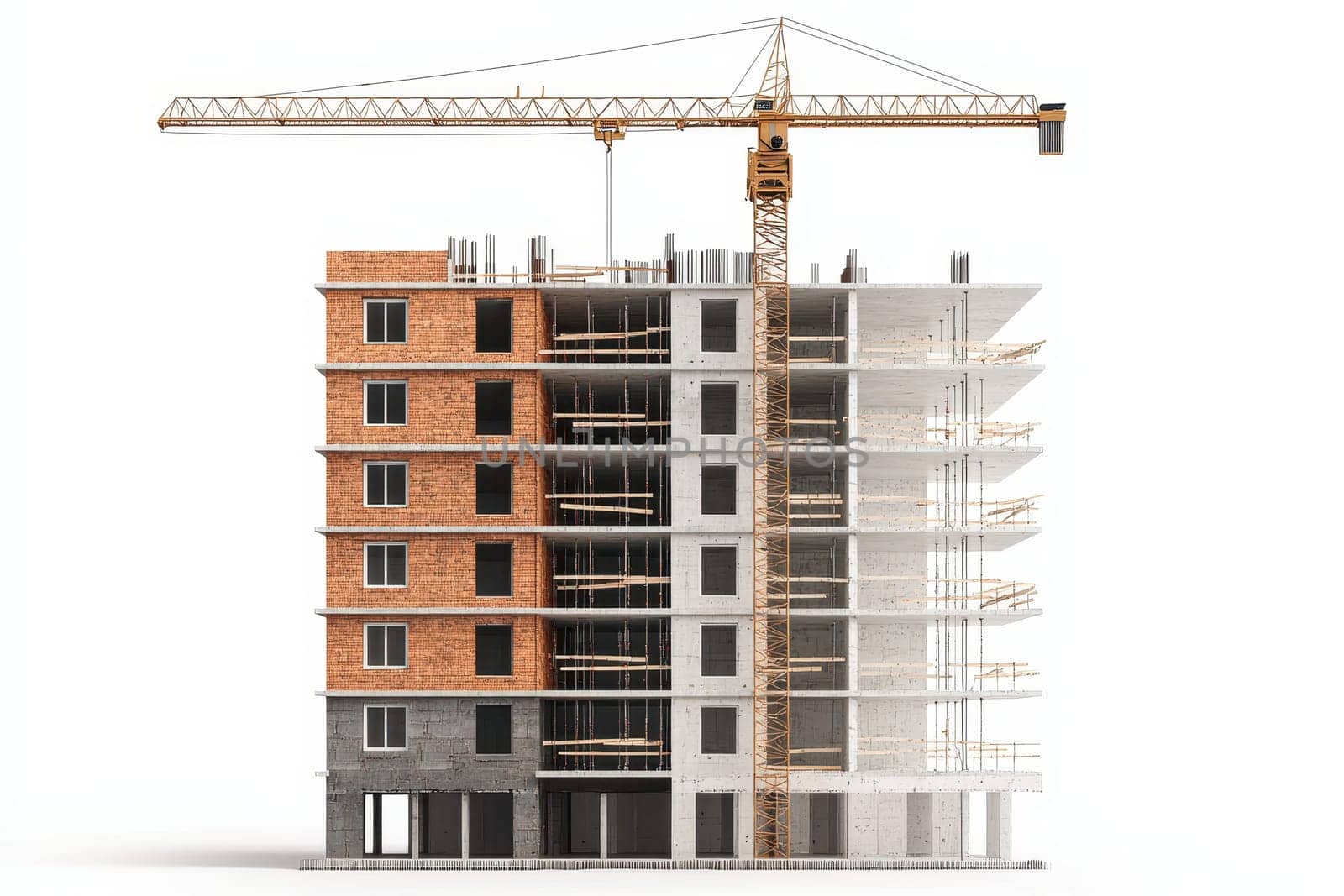 A large building with a crane in the background. The crane is in the middle of the building and is surrounded by windows. The building appears to be under construction, with scaffolding