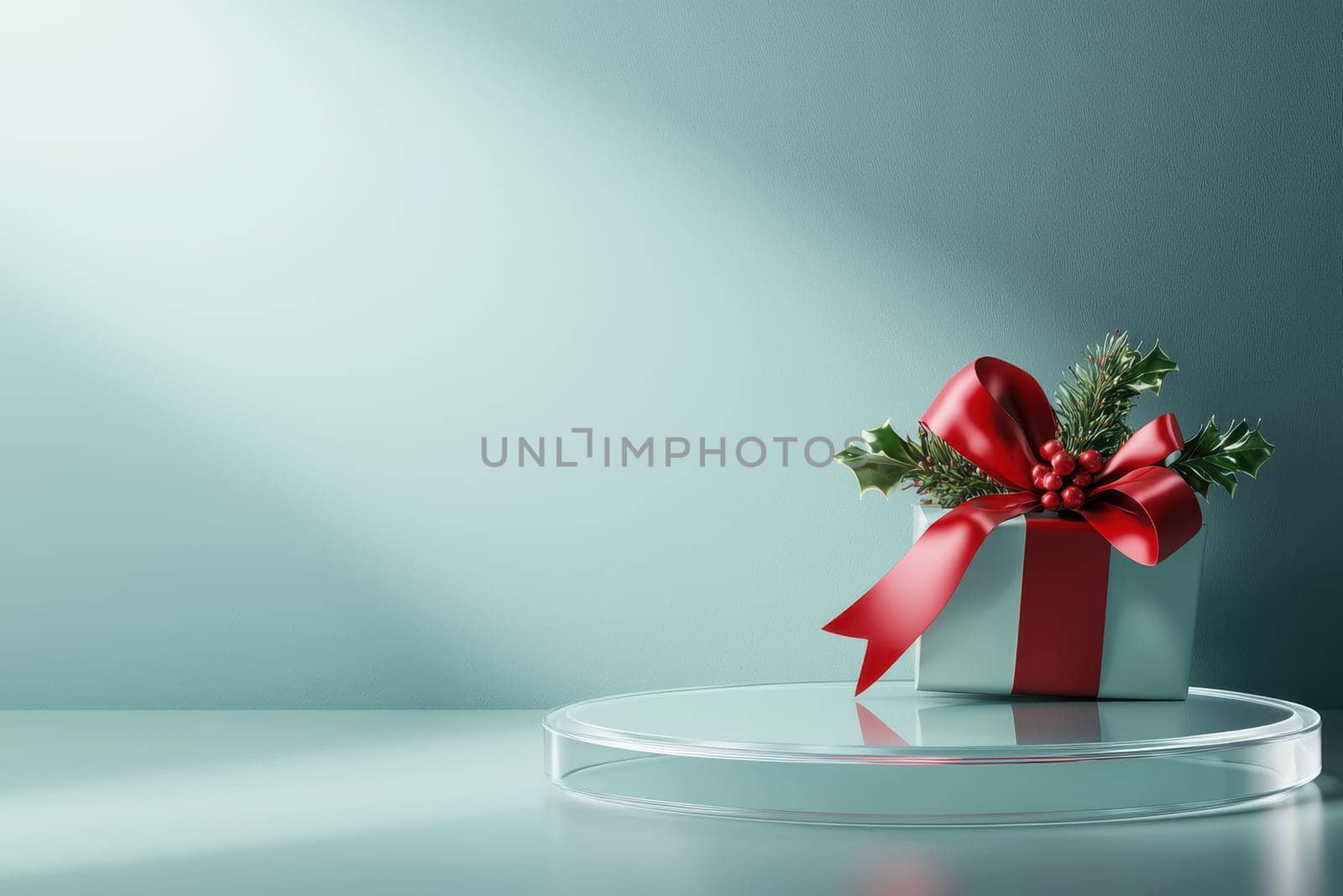 A white box with a red ribbon sits on a clear glass table. The box is decorated with red ribbon and holly leaves, giving it a festive and joyful appearance. The table is set against a blue background