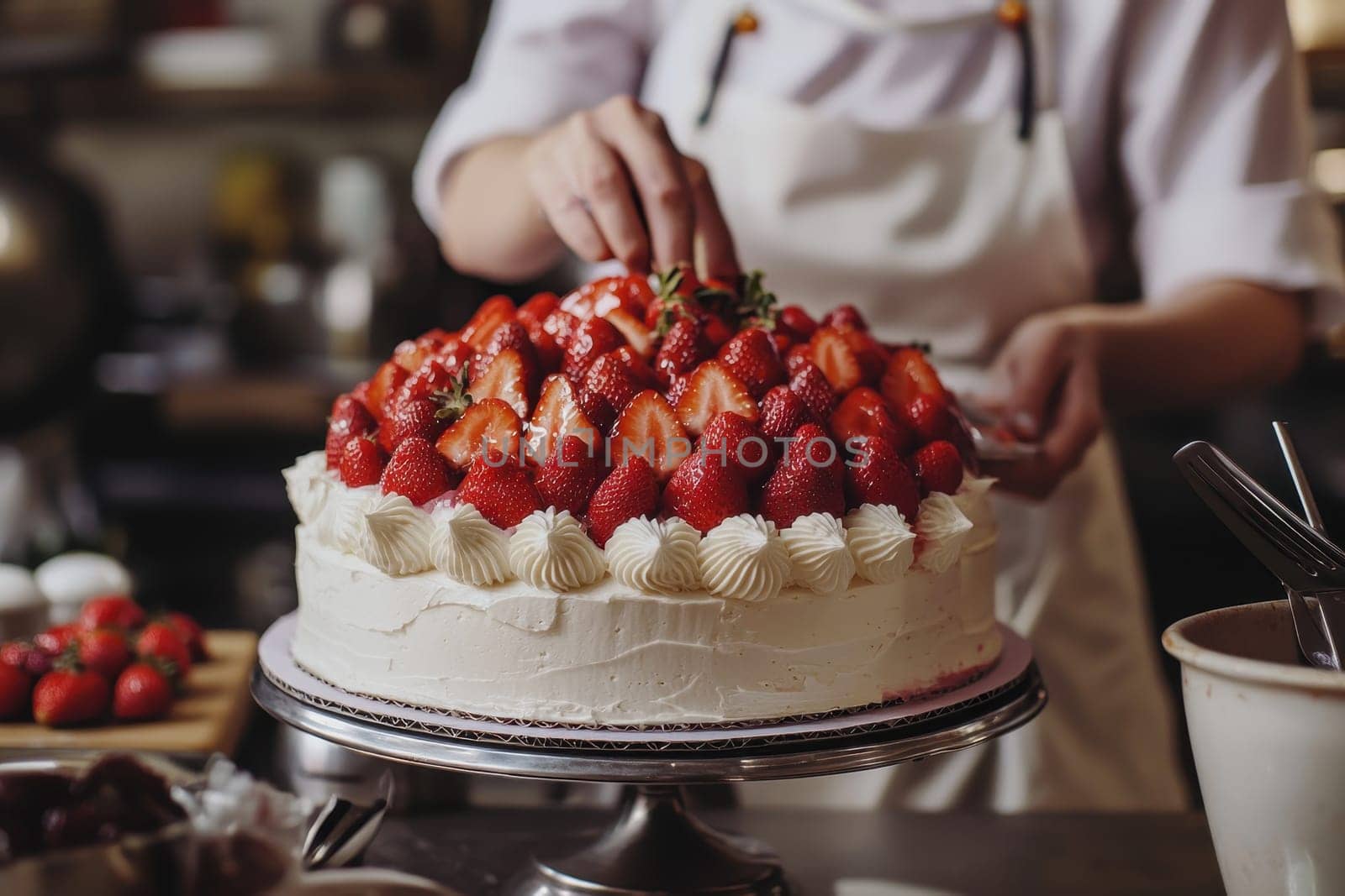 A chef is decorating a cake with strawberries. The cake is on a silver stand and the chef is wearing an apron