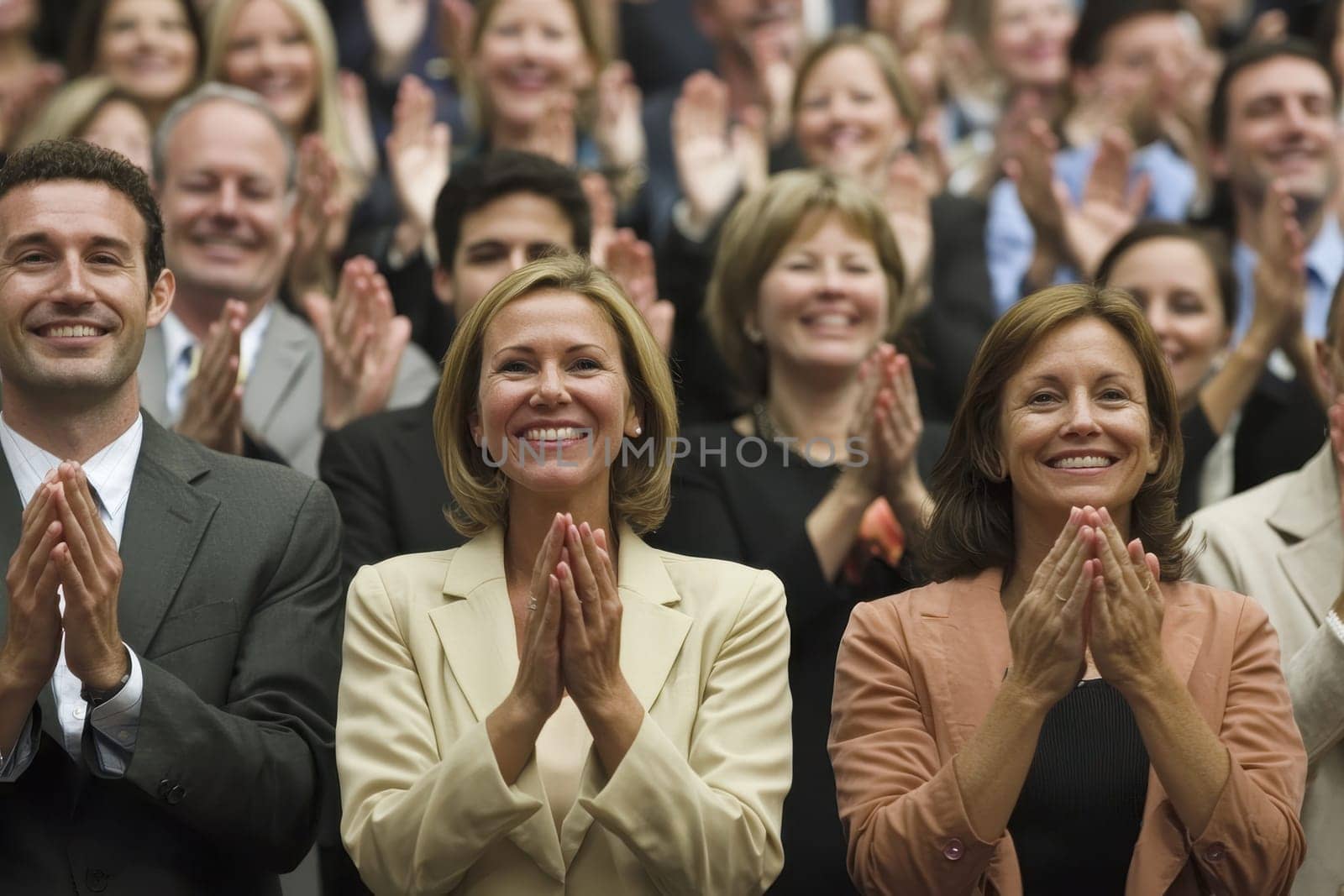 A group of people are clapping and smiling at a performance. Scene is joyful and celebratory
