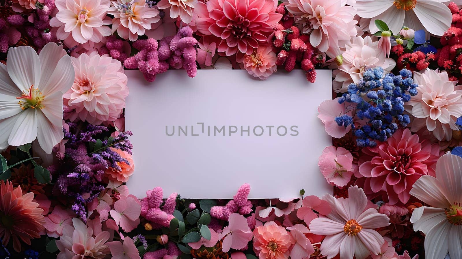 A white card is elegantly placed amongst a bed of vibrant pink and purple flowers, creating a beautiful contrast of colors in the garden
