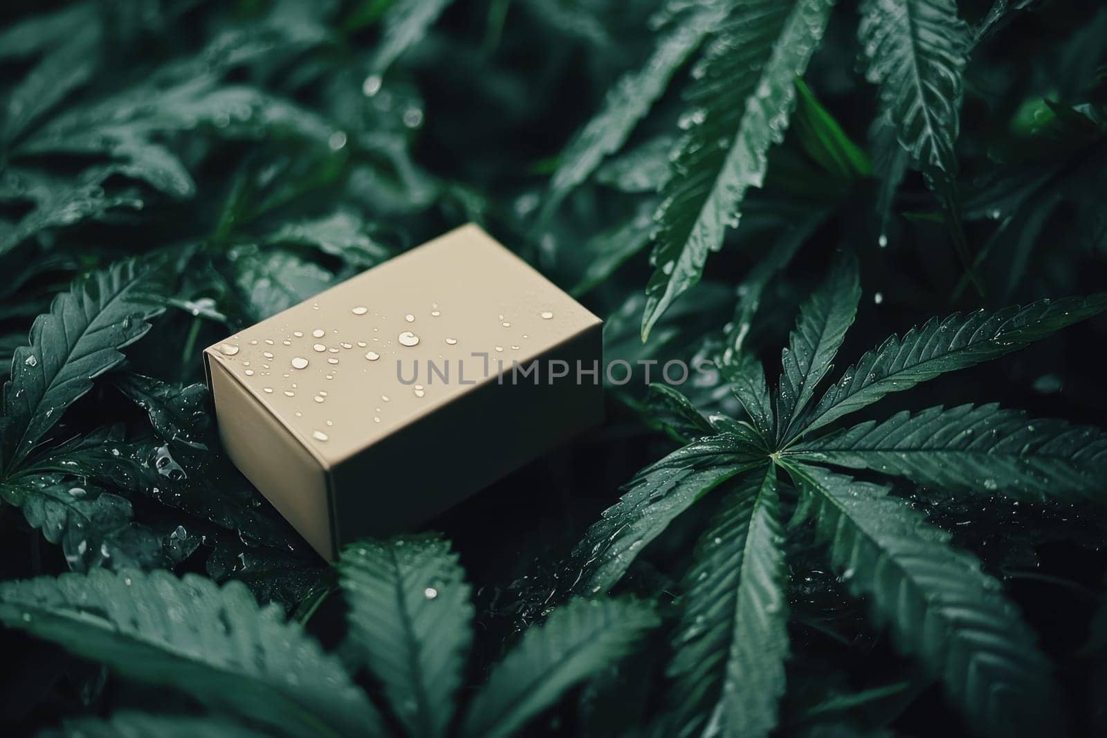 A brown box is sitting on top of a green plant. The box is wet and the plant is lush and green