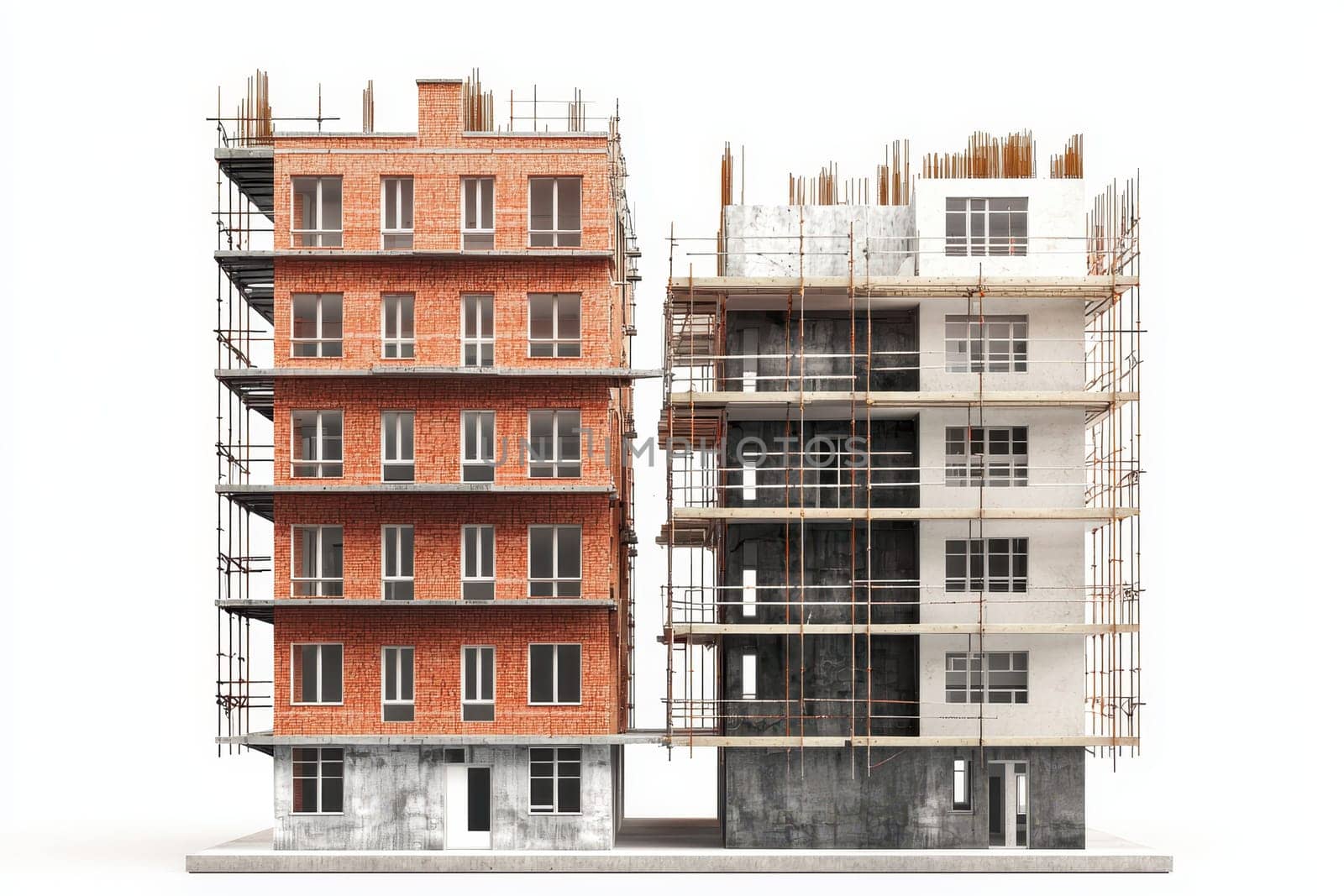 Two buildings, one of which is under construction. The other is a brick building with windows. The construction site is visible on the side of the brick building