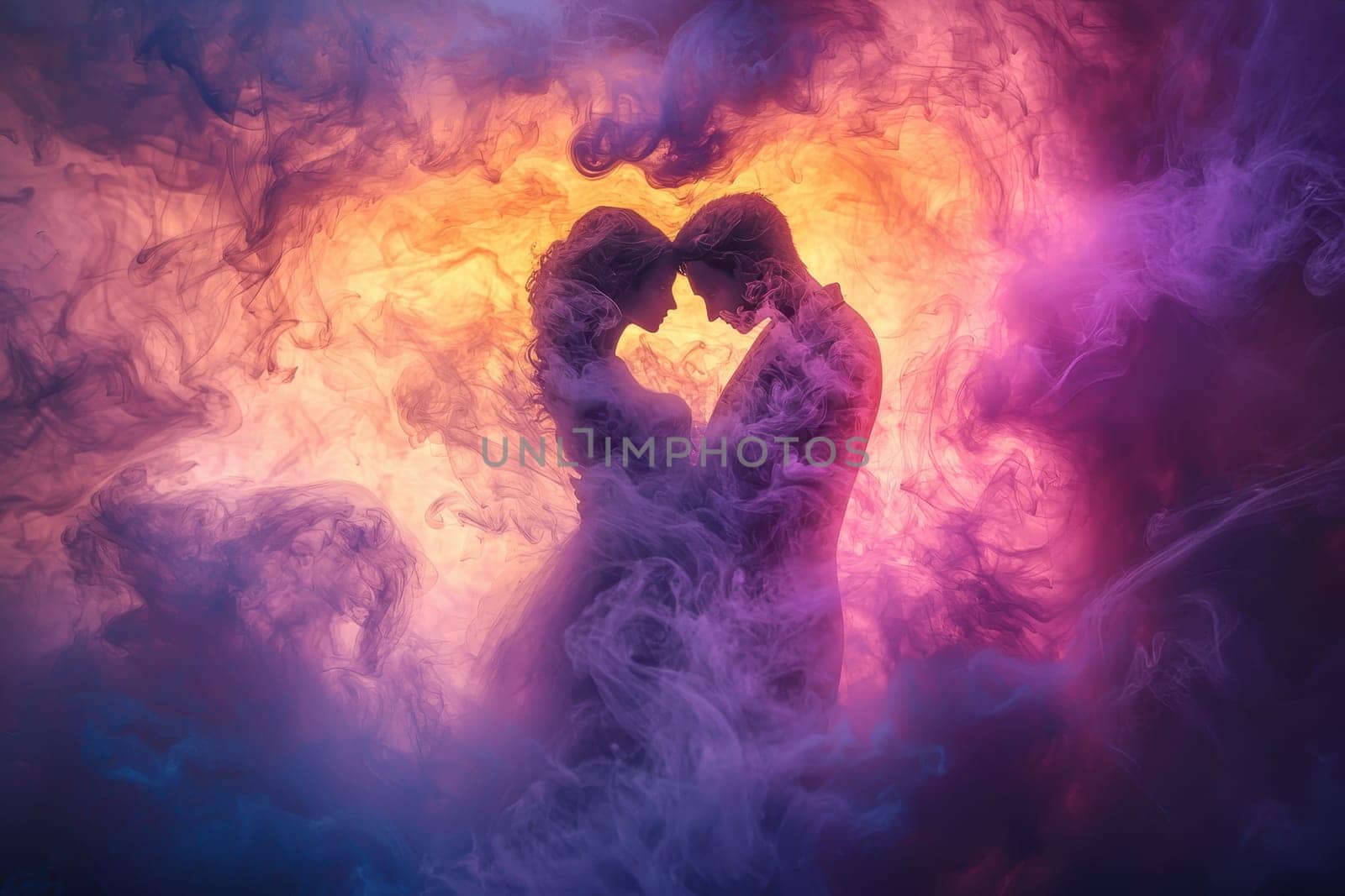 A couple is shown in a painting of a couple embracing in a cloud of smoke. The painting is a representation of love and the idea of being together in a dreamlike state