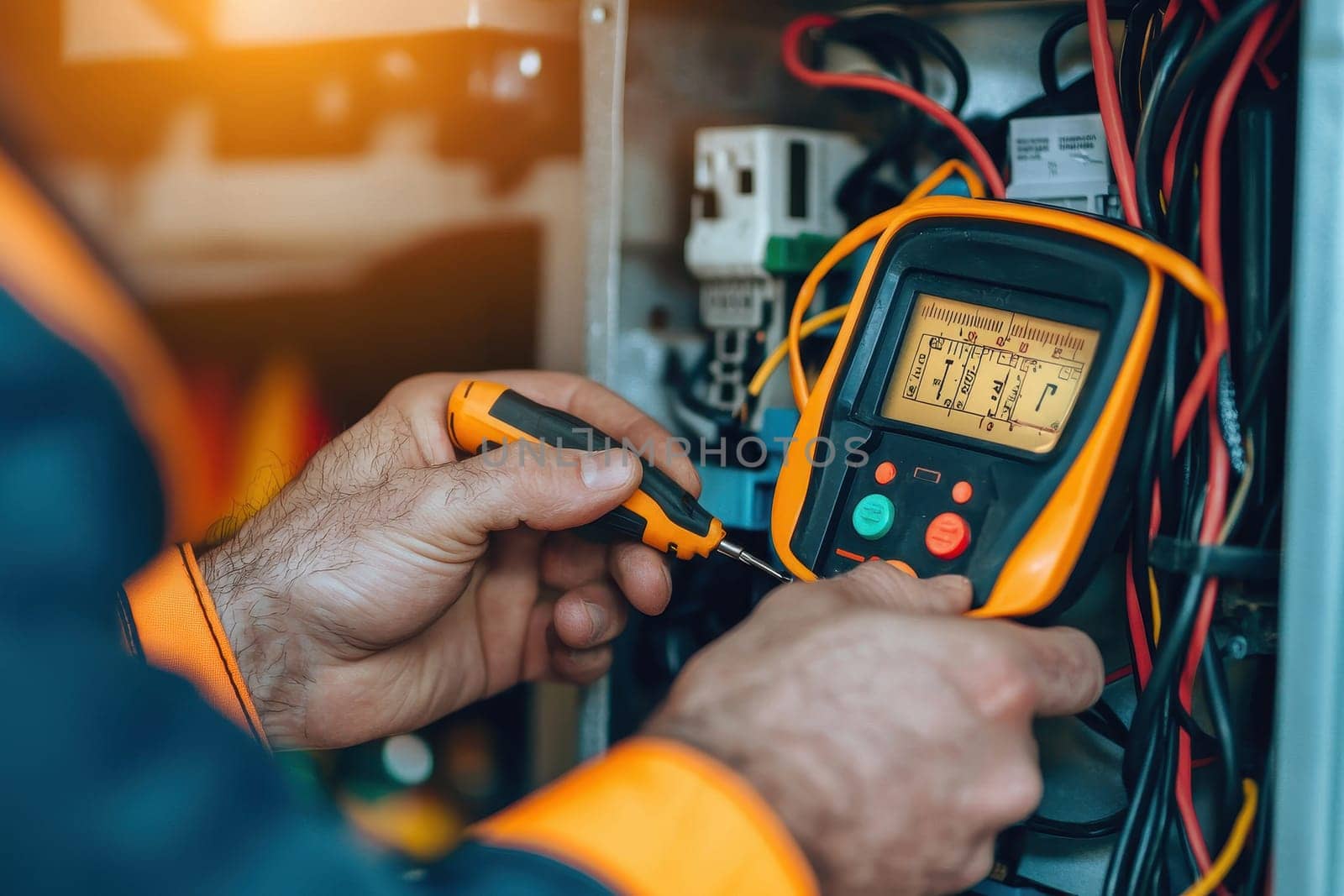 A man is working on a circuit board with a multimeter. He is wearing an orange shirt