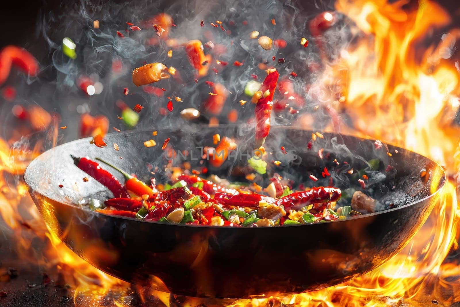 A hot pan of food with lots of red peppers and other vegetables. The food is cooking and the pan is on fire