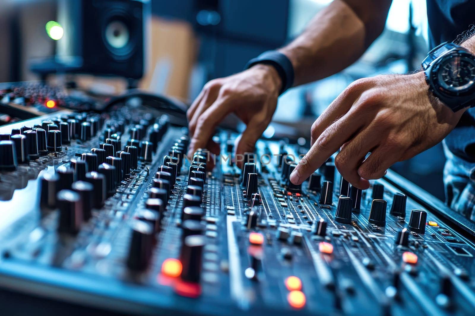 A man is playing music on a sound board. Scene is energetic and creative