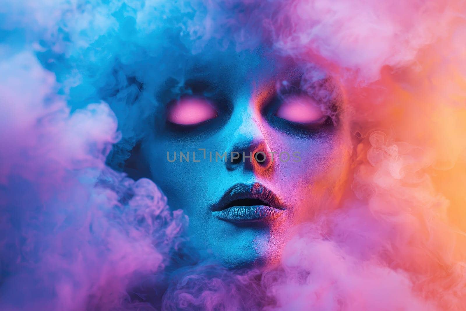 A woman's face is shown in a purple and blue smokey background. The smoke is thick and the woman's face is glowing with purple eyes. Scene is eerie and mysterious