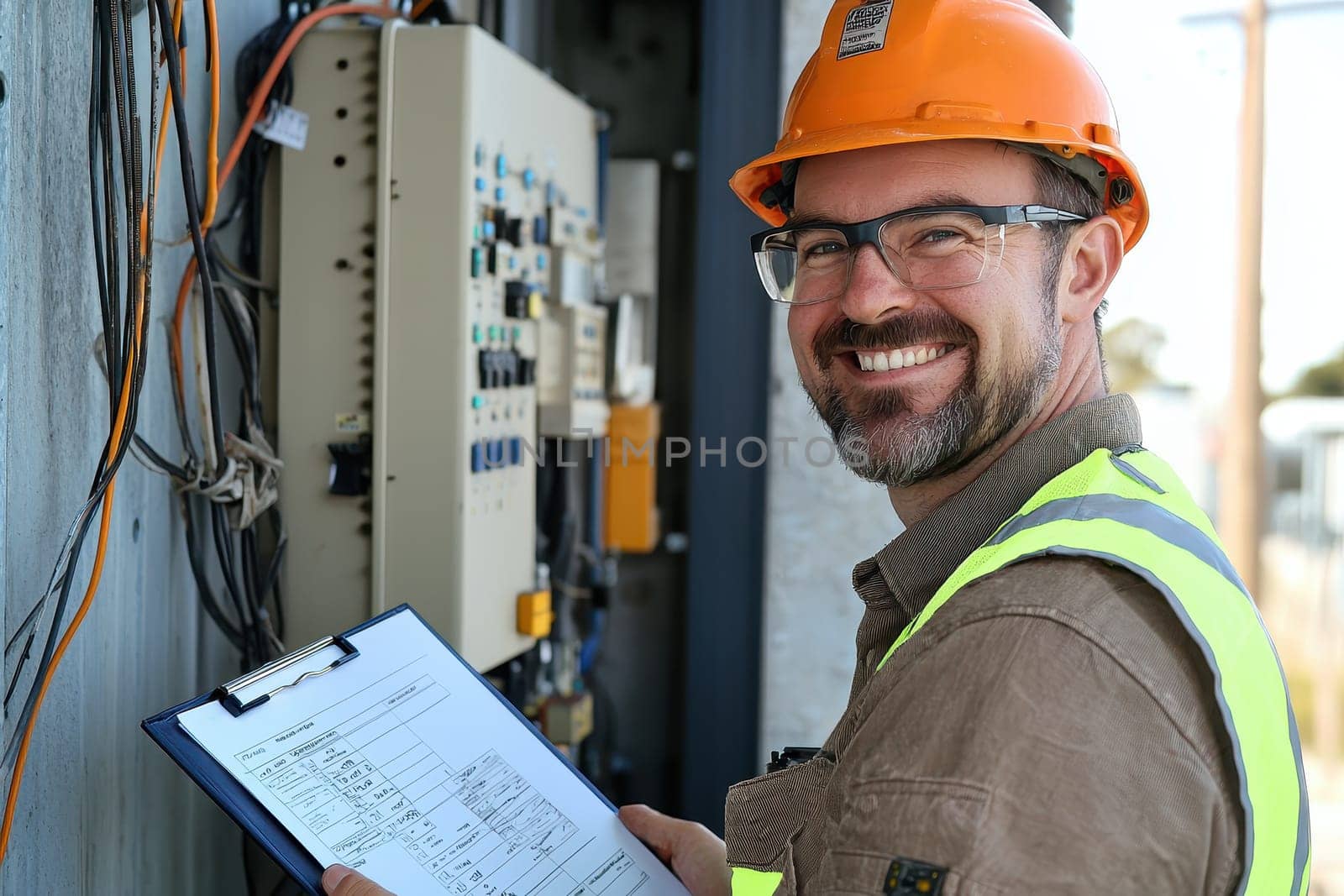 A man wearing a yellow vest and a hard hat is smiling while holding a clipboard. He is likely a construction worker or an electrician, as he is working on a project that involves electrical wiring