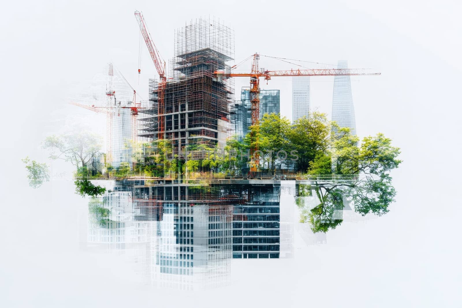 A city skyline with a large building in the middle and a crane. The city is surrounded by trees and the sky is cloudy