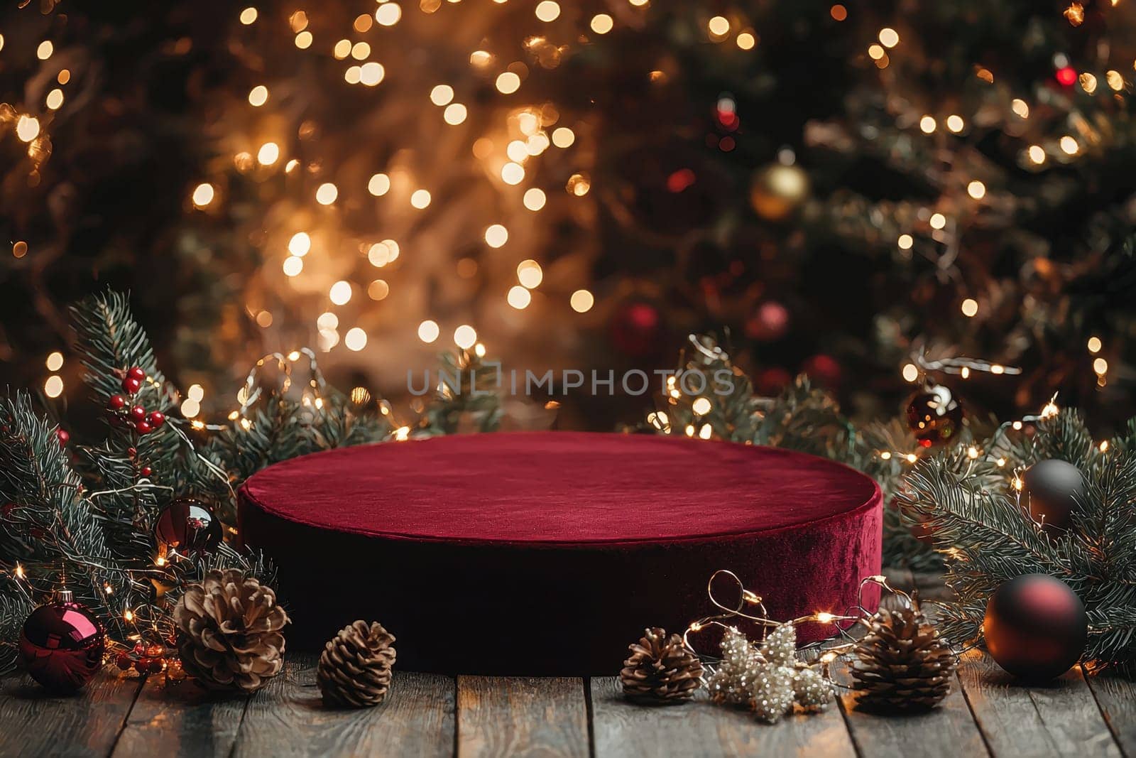 A red velvet cushion sits on a wooden table with pine cones and Christmas decorations surrounding it. The scene evokes a warm and festive mood, with the red velvet cushion