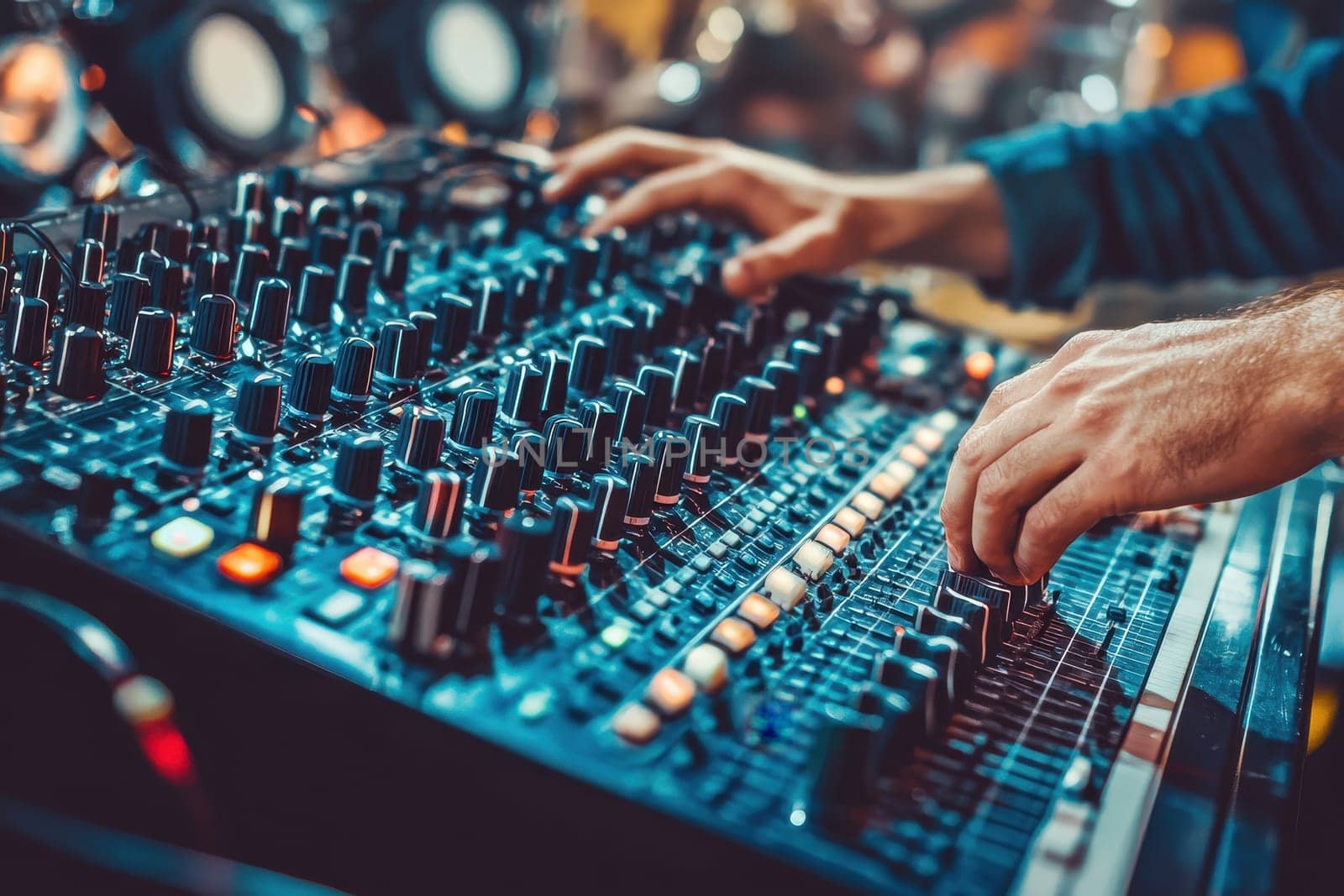 A man is playing a keyboard with a lot of buttons. The buttons are colorful and the man is using his hands to press them. Concept of creativity and passion for music