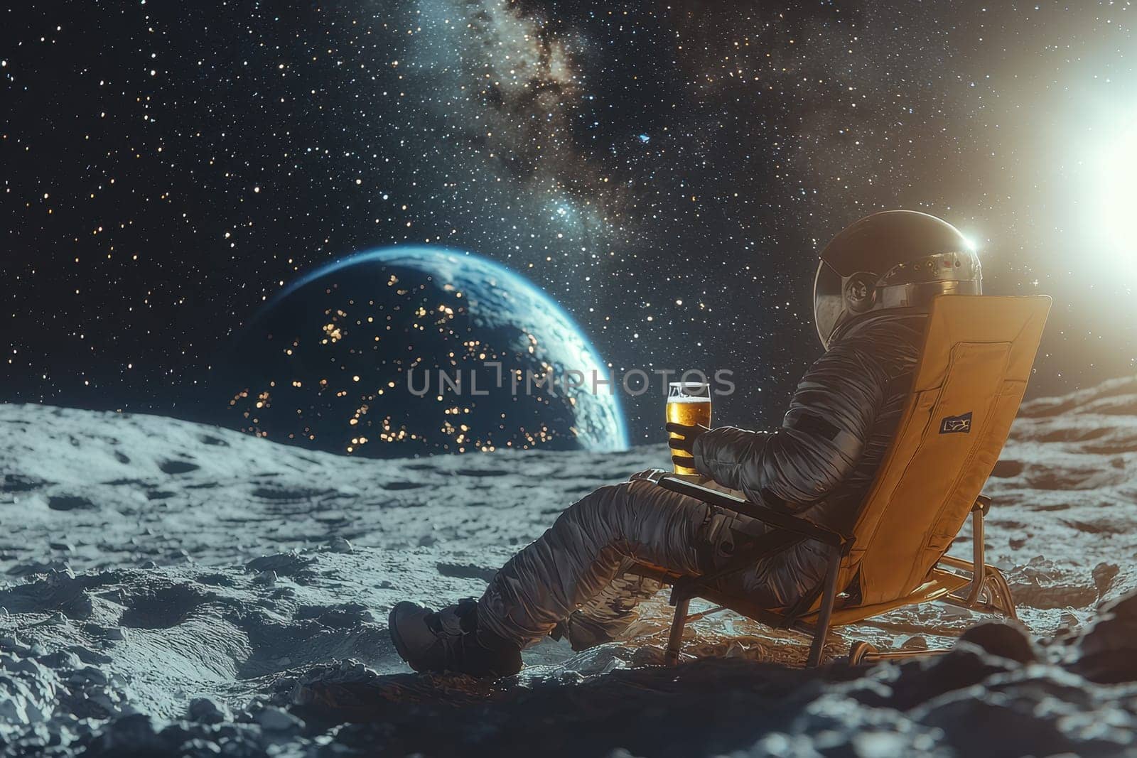 A man in a spacesuit is sitting on a yellow chair on the moon. He is holding a beer in his hand