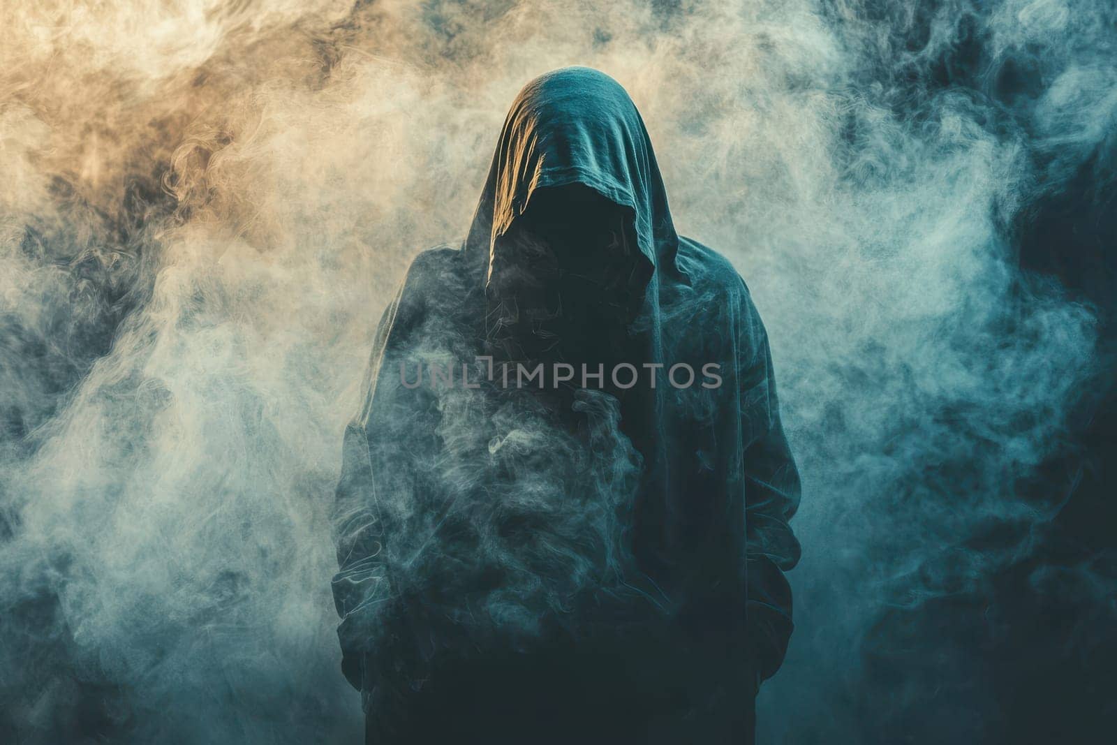 A person is standing in a foggy, misty atmosphere. The person is wearing a hooded sweatshirt and he is shrouded in smoke. Scene is eerie and mysterious
