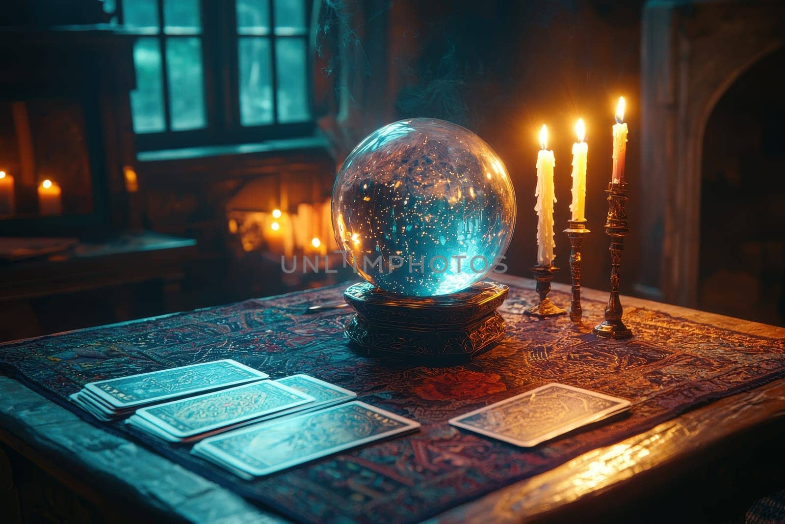 A table with a crystal ball, tarot cards, and candles. Scene is mysterious and magical