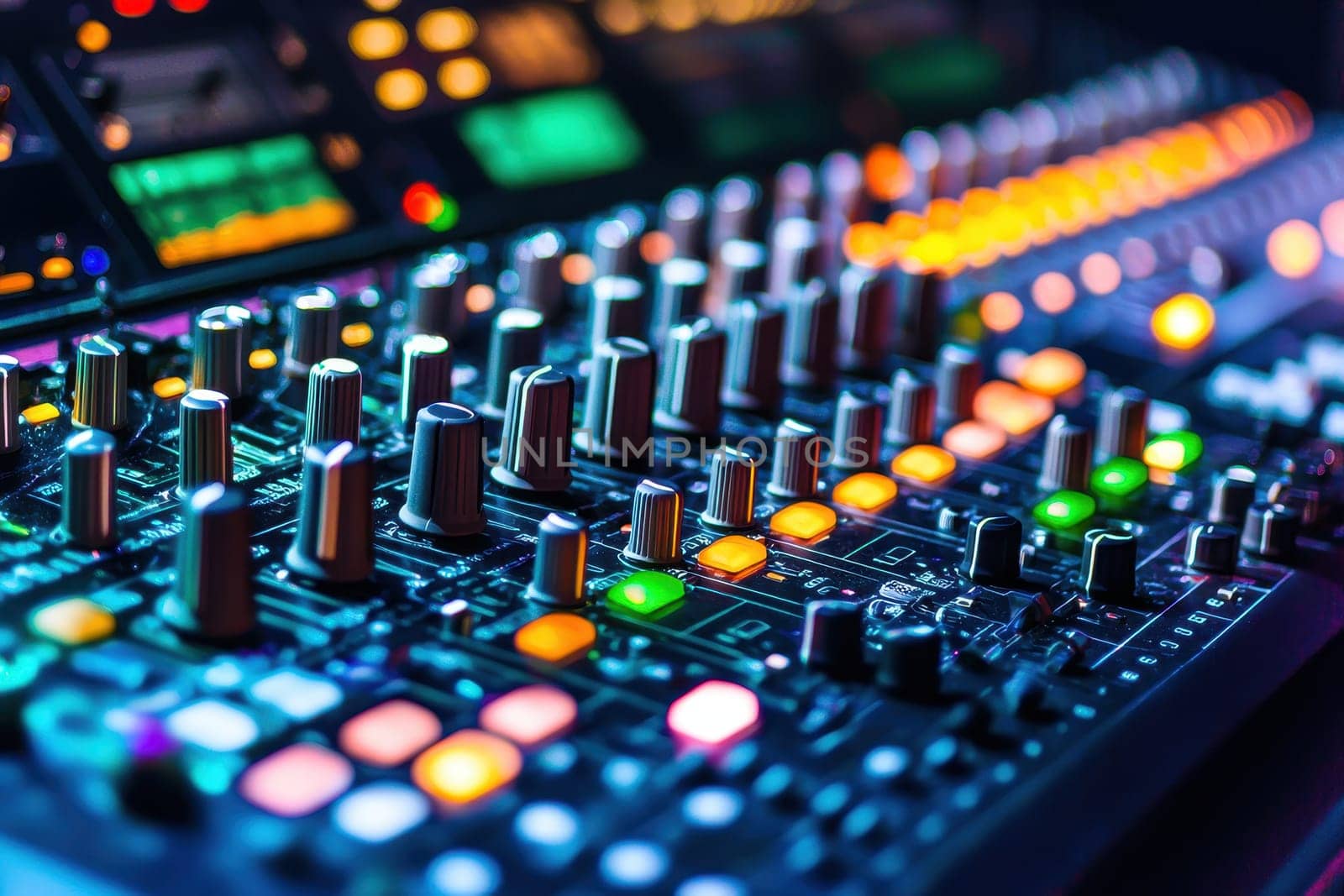 A colorful array of buttons and knobs on a sound board. The buttons are lit up in various colors, giving the impression of a vibrant and dynamic sound system. Scene is energetic and lively