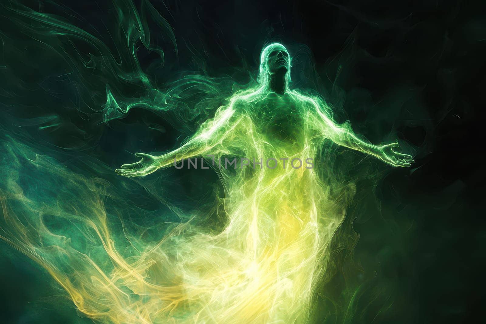 A green and yellow figure with arms outstretched is floating in a green and yellow smoke. The figure is surrounded by a green and yellow haze, giving the impression of a mystical or otherworldly being