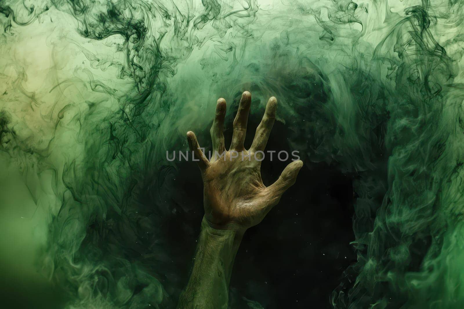 A hand is reaching out into a green smoke filled tunnel. The smoke is thick and dense, creating a sense of claustrophobia and unease. The hand is reaching out towards the camera