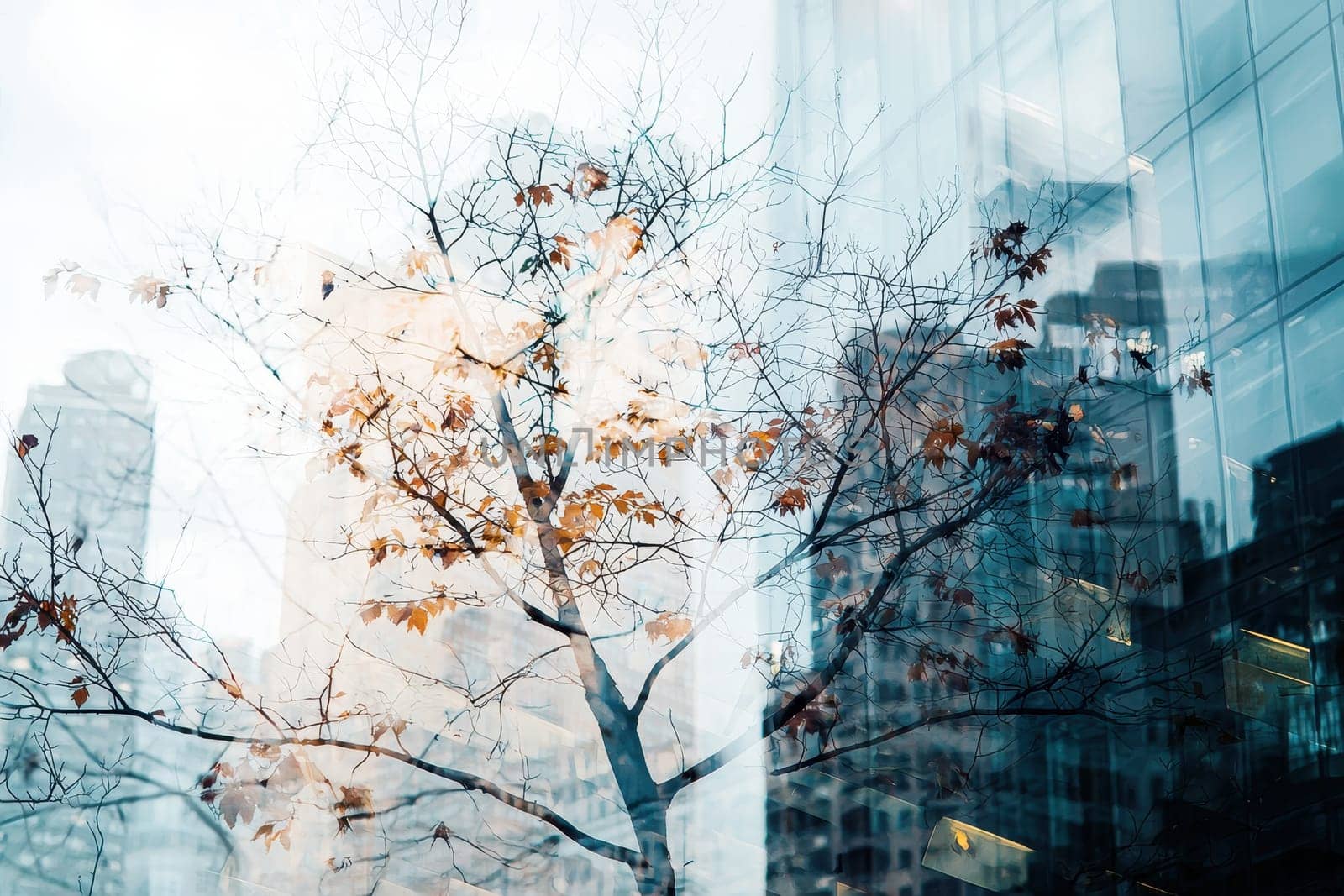 A tree with leaves is reflected in a window of a building. The reflection of the tree is blurry and the leaves are orange