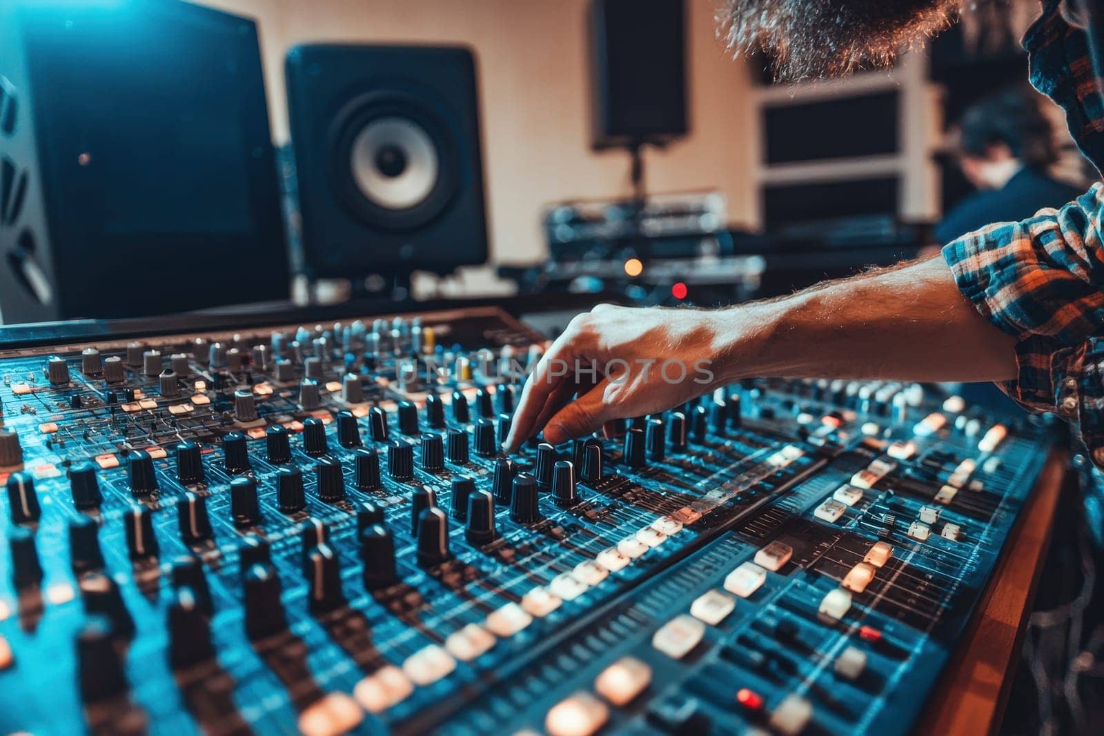 A man is working on a soundboard with a hand on a knob. Scene is focused and intense, as the man is likely trying to perfect a piece of music or sound. The soundboard itself is a large