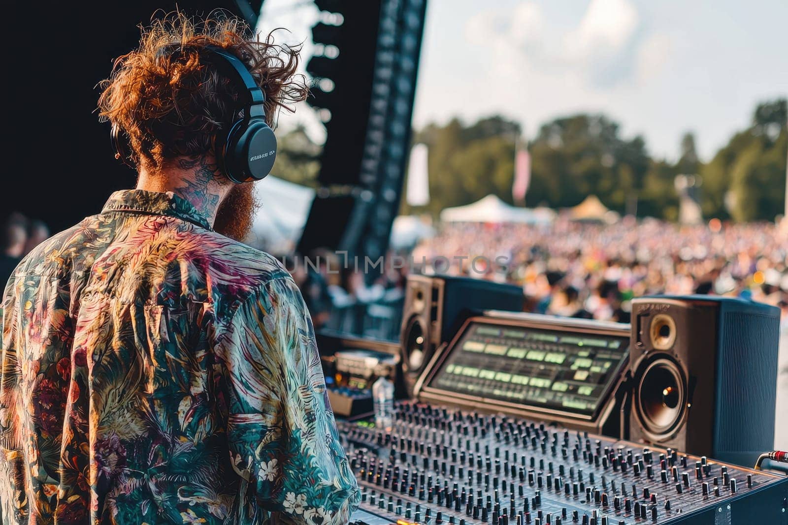 A man with a beard and headphones is standing in front of a sound board. Concept of focus and concentration as the man works on his music