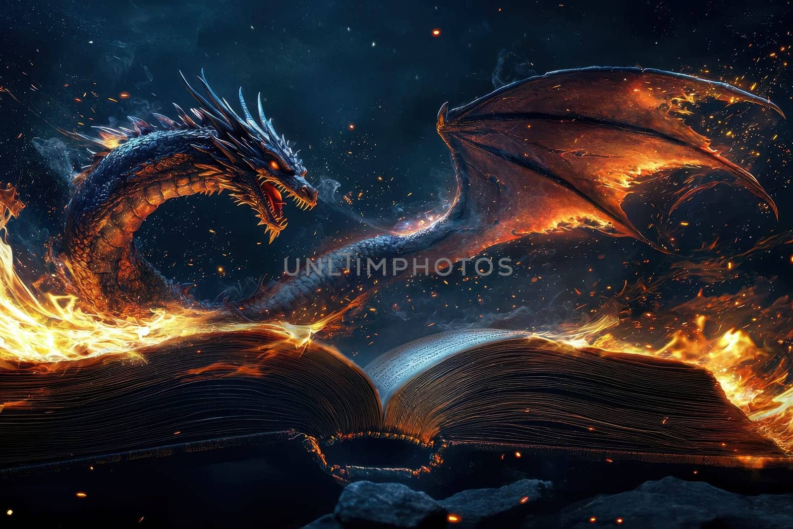 A dragon is flying over an open book with flames coming out of it. The dragon is surrounded by fire and smoke, creating a sense of danger and excitement