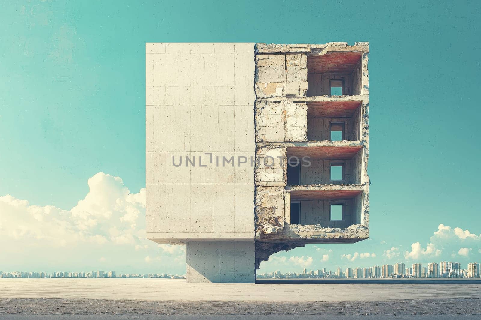 A large building with a lot of windows and a lot of space. The building is made of concrete and has a lot of empty space. The building is very tall