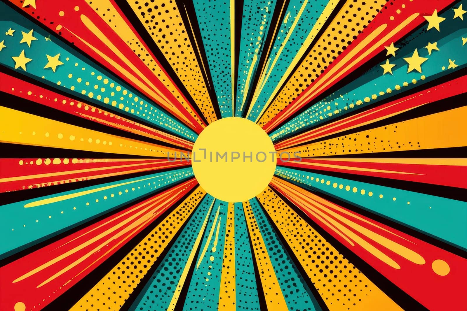 A colorful, star-filled background with a yellow sun in the center. The sun is surrounded by a rainbow of colors and is the focal point of the image. The stars are scattered throughout the background