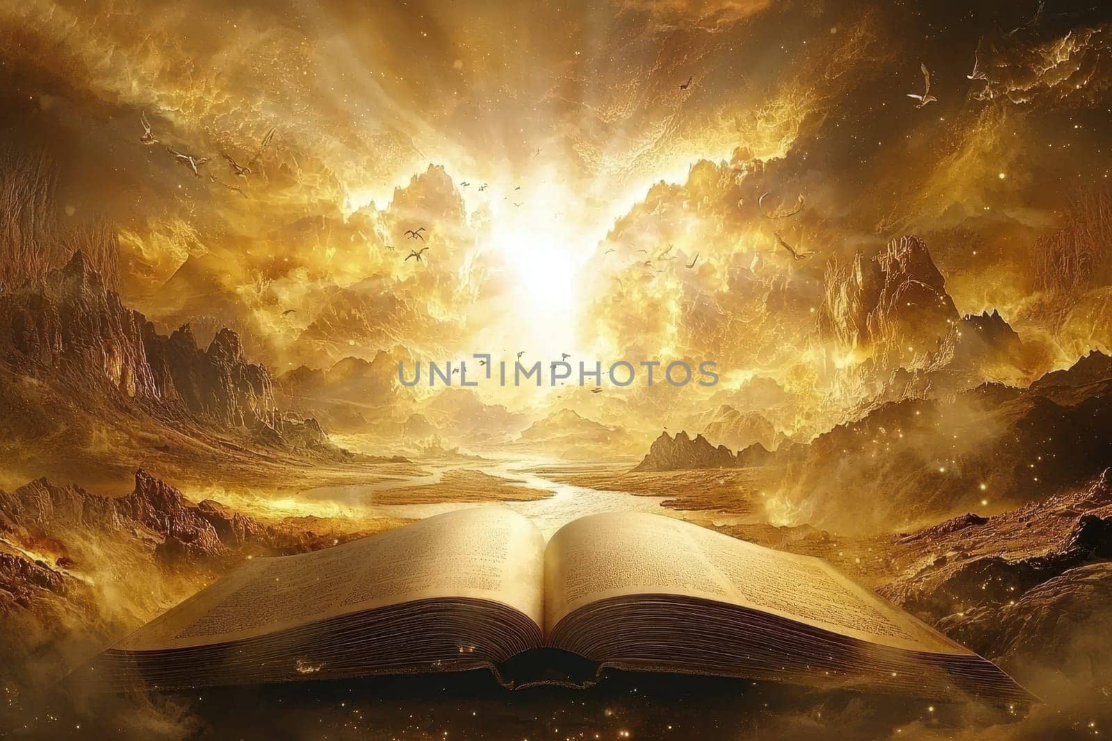 A book is open to a page with a sun shining on it. The sky is filled with clouds and the sun is shining brightly
