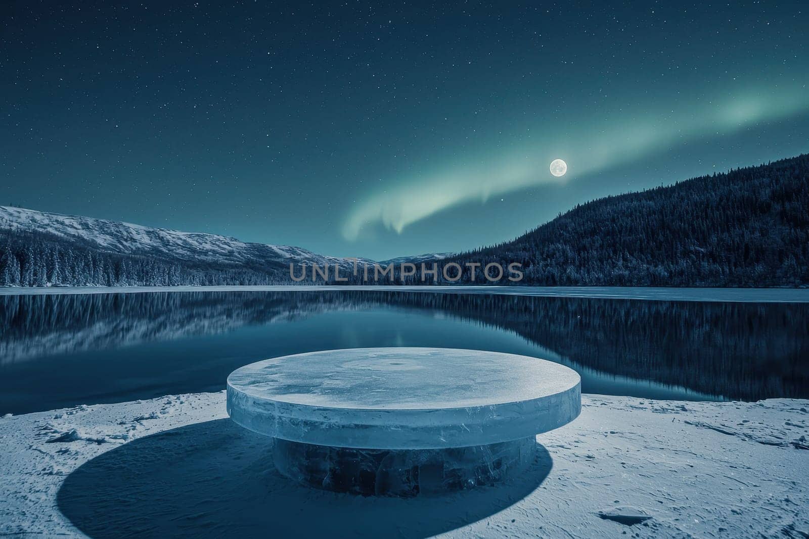 A large, round ice sculpture sits on a snowy beach. The sky is dark and the moon is visible in the distance. The scene is serene and peaceful