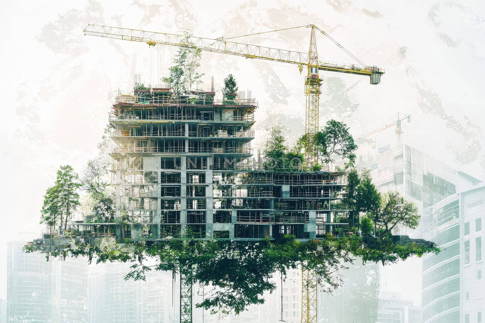 A building is floating in the air with trees growing out of it. The building is surrounded by a cityscape with a crane in the background. Concept of innovation and creativity
