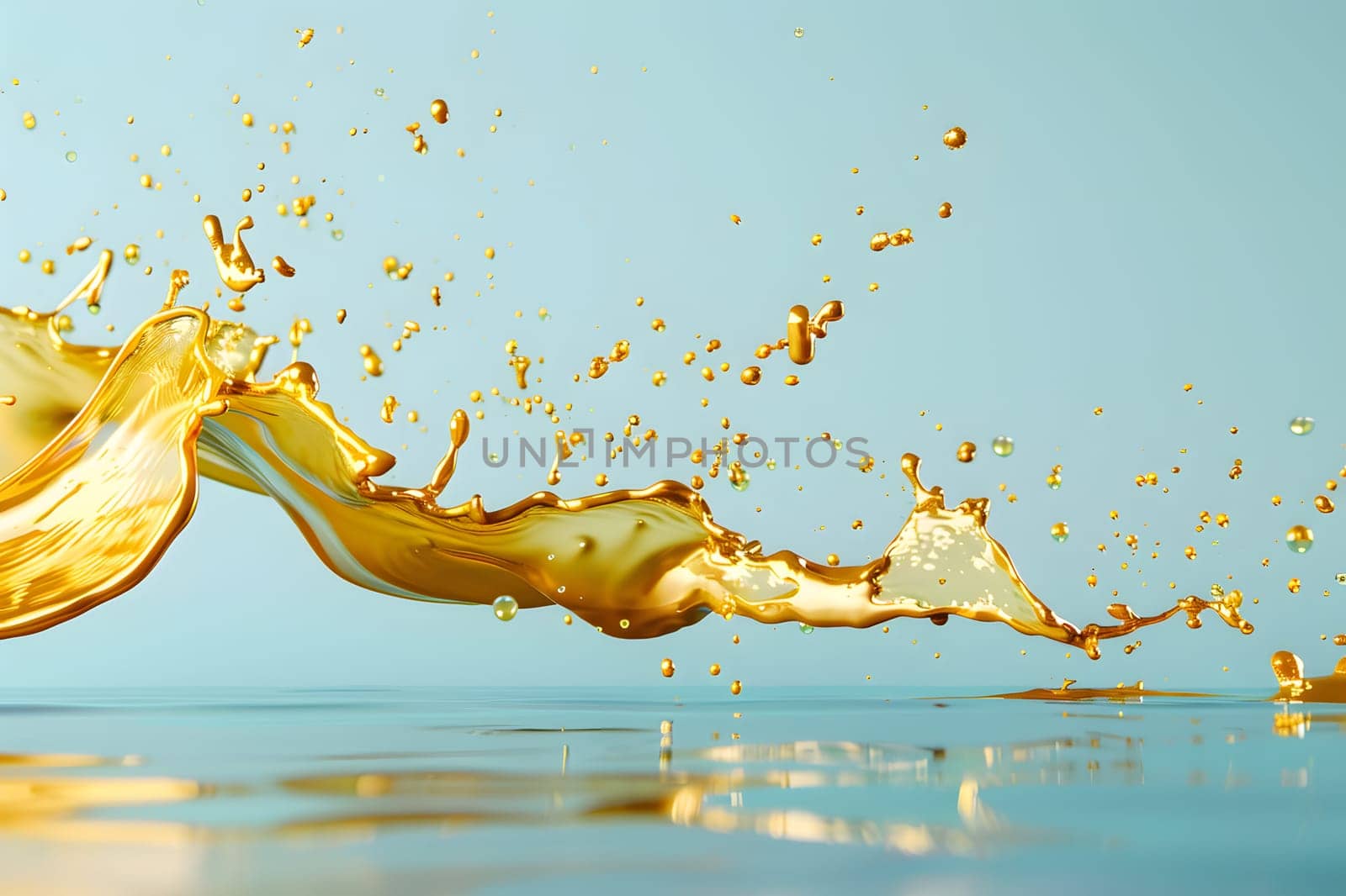 A dynamic golden liquid splash in motion set against a vibrant blue background
