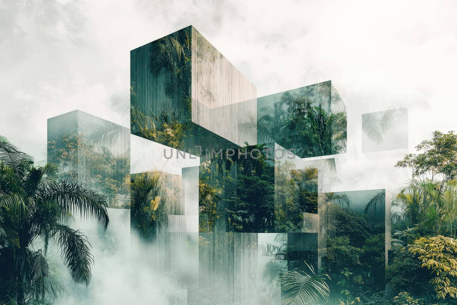 A series of cubes are shown in a forest setting, with trees and leaves visible in the background. The image has a dreamy, surreal quality to it, with the cubes appearing to be floating in mid-air