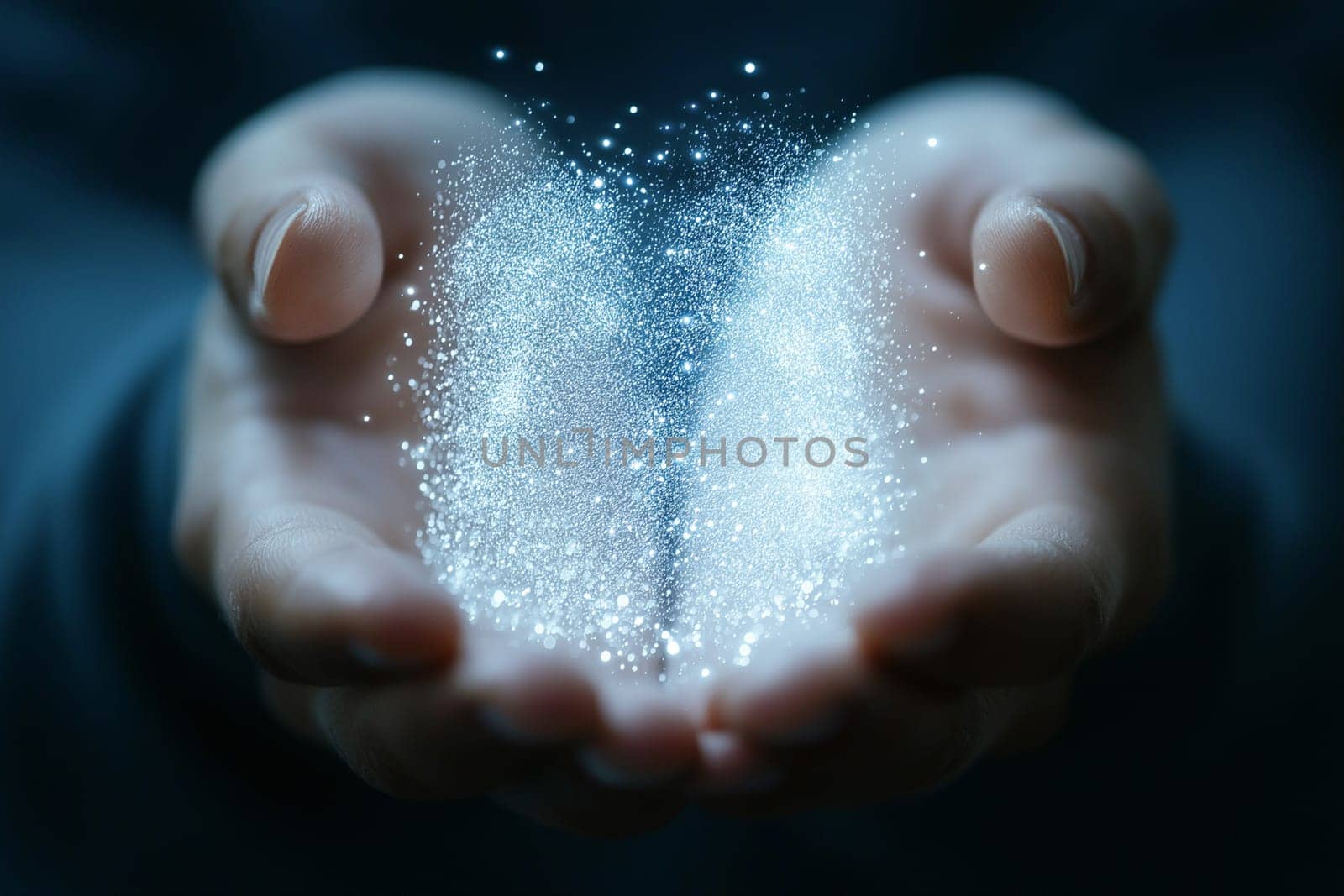 Close-up of a mystical scene with sparkling dust floating between hands. Evokes feelings of magic, wonder, and fantasy. Ideal for themes around imagination and dreams.