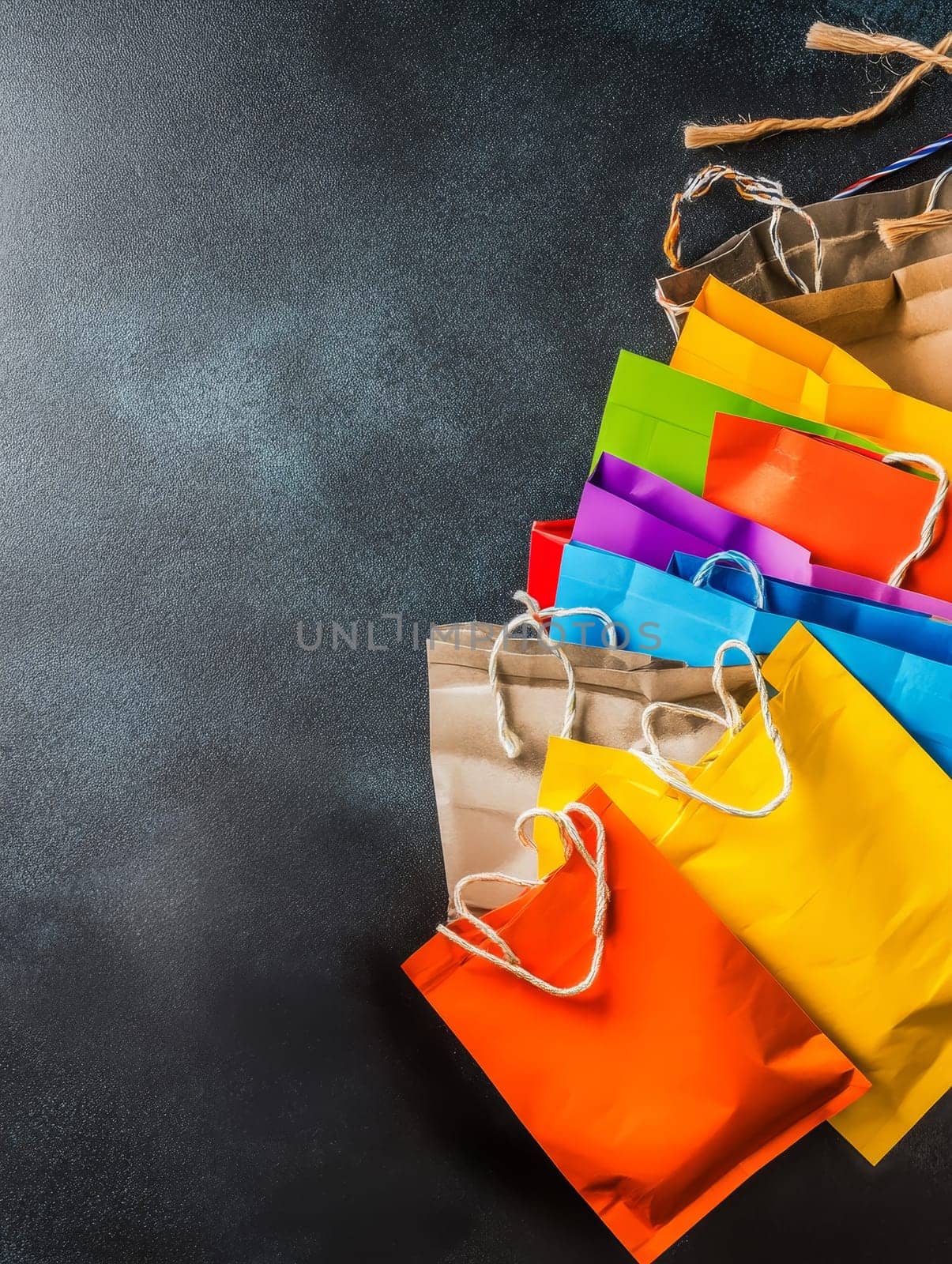 Assortment of vibrant shopping bags against a dark background, showcasing retail diversity and consumer choice, with ample copy space.